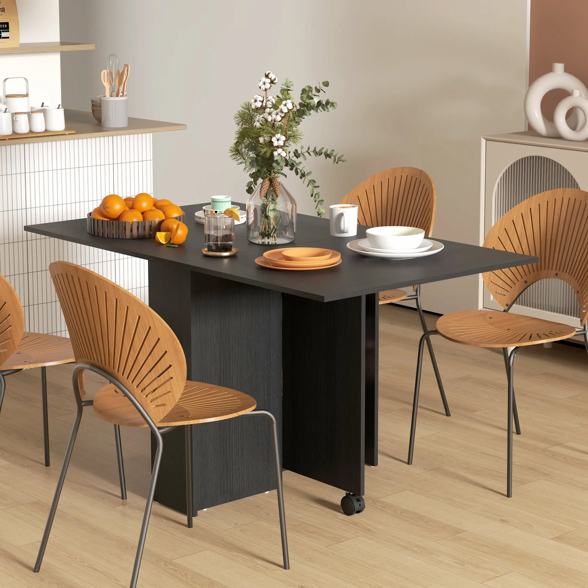 Space-Saving Folding Table with 2 Flaps for 6 People with Shelves and Wheels, Black - Image 2