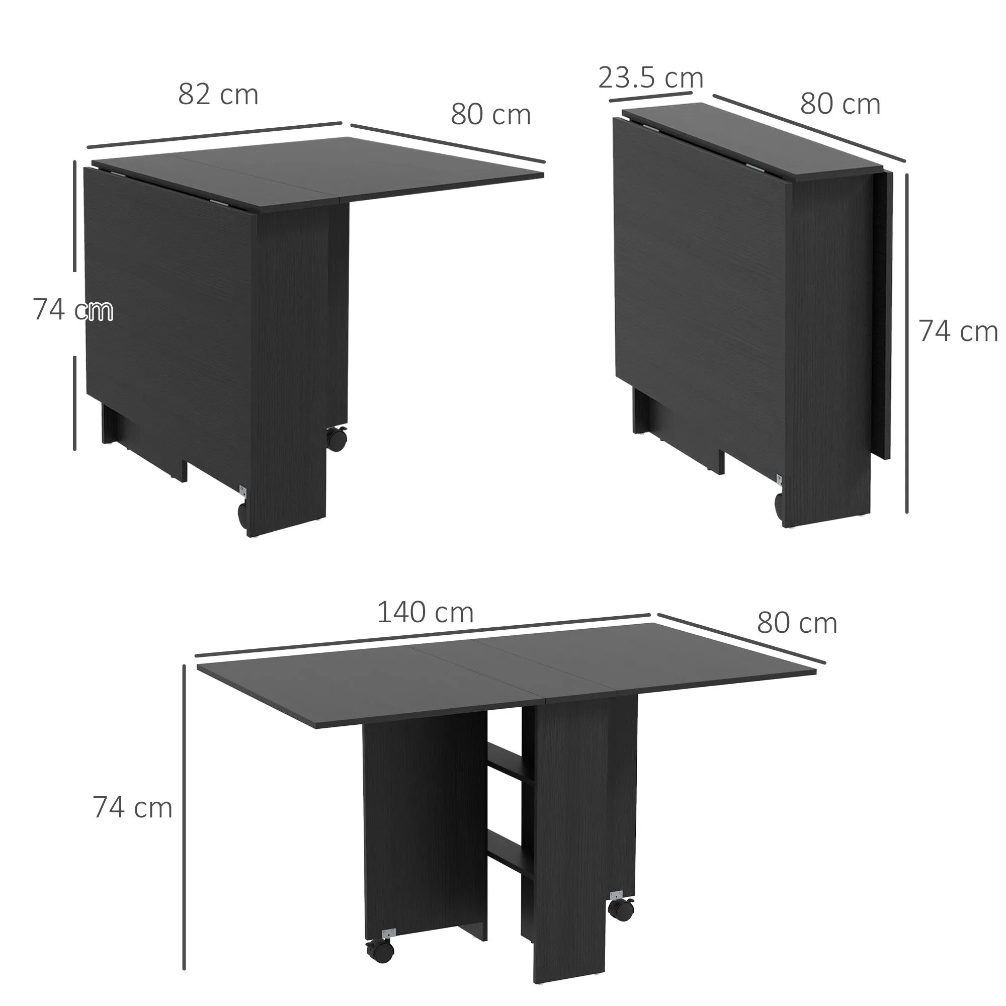 Space-Saving Folding Table with 2 Flaps for 6 People with Shelves and Wheels, Black - Image 3