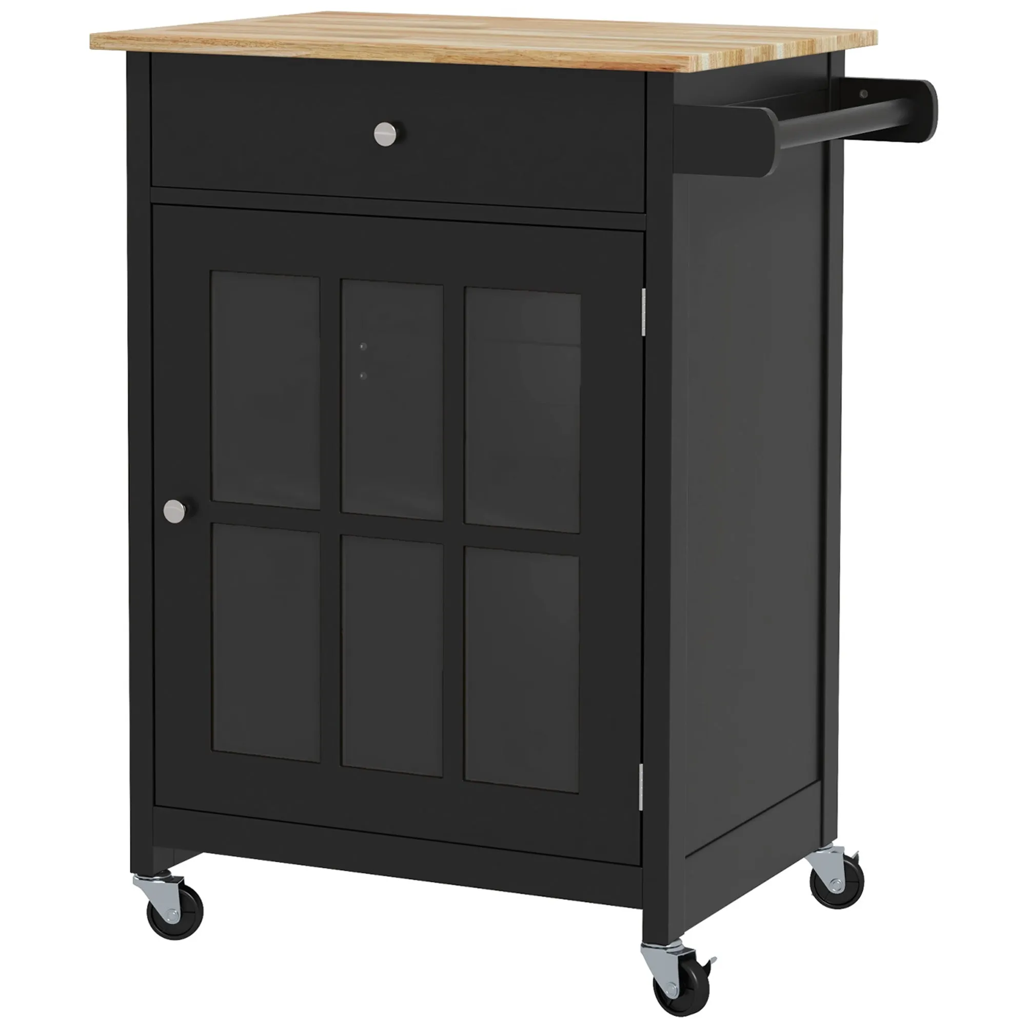Kitchen Trolley with Drawer, Adjustable Cabinet and Towel Holder, Wooden, 67x48x86.5 cm, Black and Oak Kitchen Trolley with Drawer, Adjustable Cabinet and Towel Rail, Wooden, 67x48x86.5 cm, Black and Oak