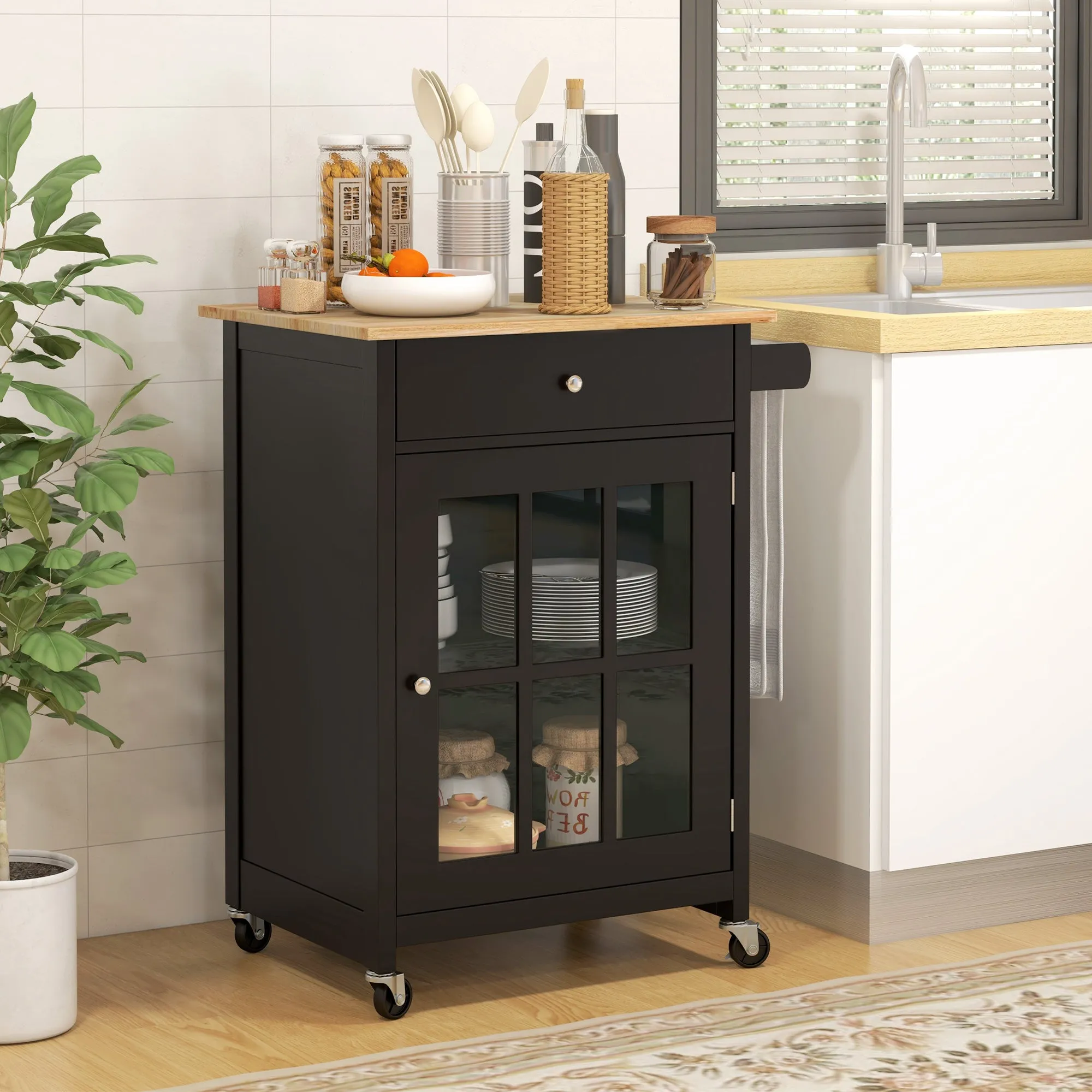Kitchen Trolley with Drawer, Adjustable Cabinet and Towel Holder, Wooden, 67x48x86.5 cm, Black and Oak Kitchen Trolley with Drawer, Adjustable Cabinet and Towel Rail, Wooden, 67x48x86.5 cm, Black and Oak - Image 2