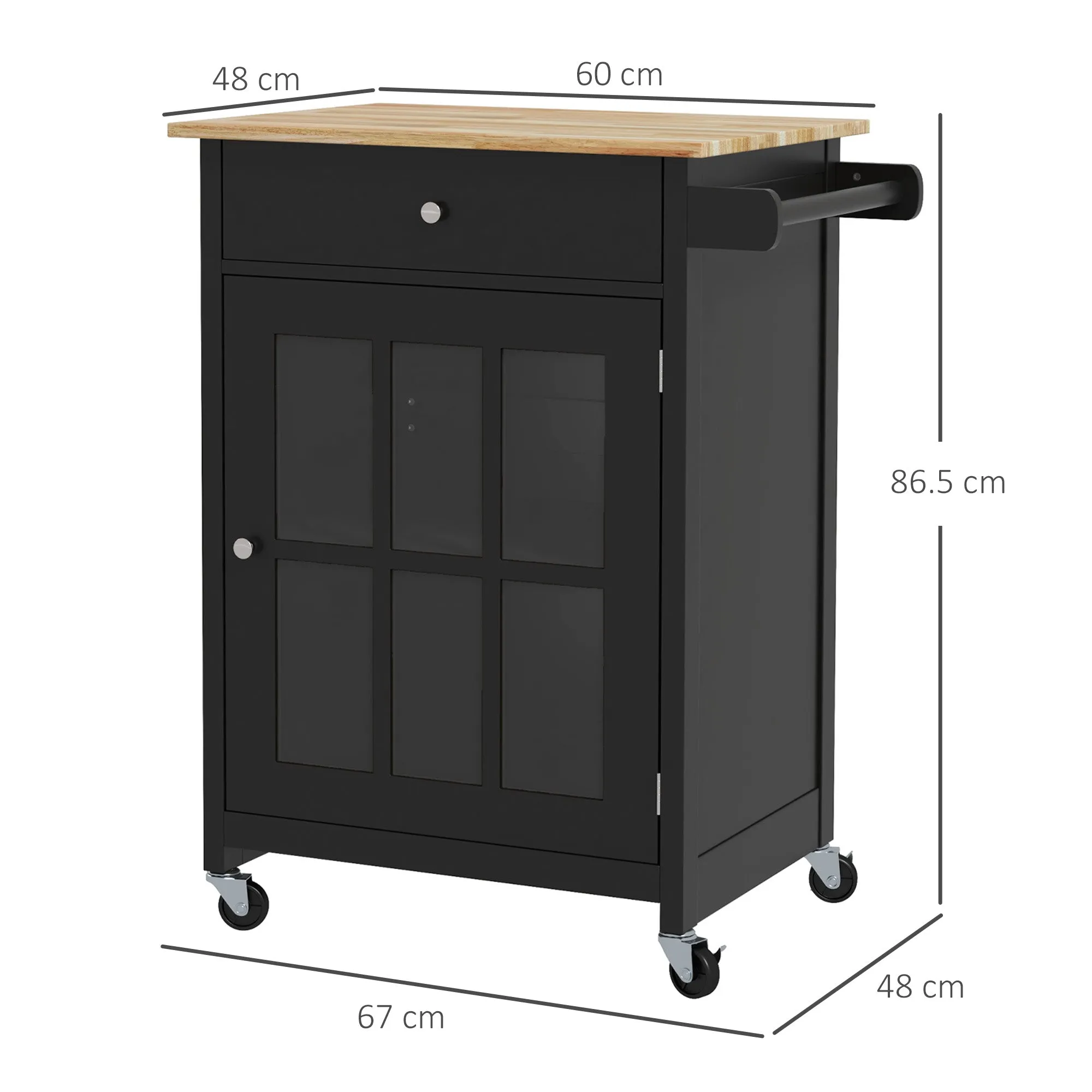 Kitchen Trolley with Drawer, Adjustable Cabinet and Towel Holder, Wooden, 67x48x86.5 cm, Black and Oak Kitchen Trolley with Drawer, Adjustable Cabinet and Towel Rail, Wooden, 67x48x86.5 cm, Black and Oak - Image 3