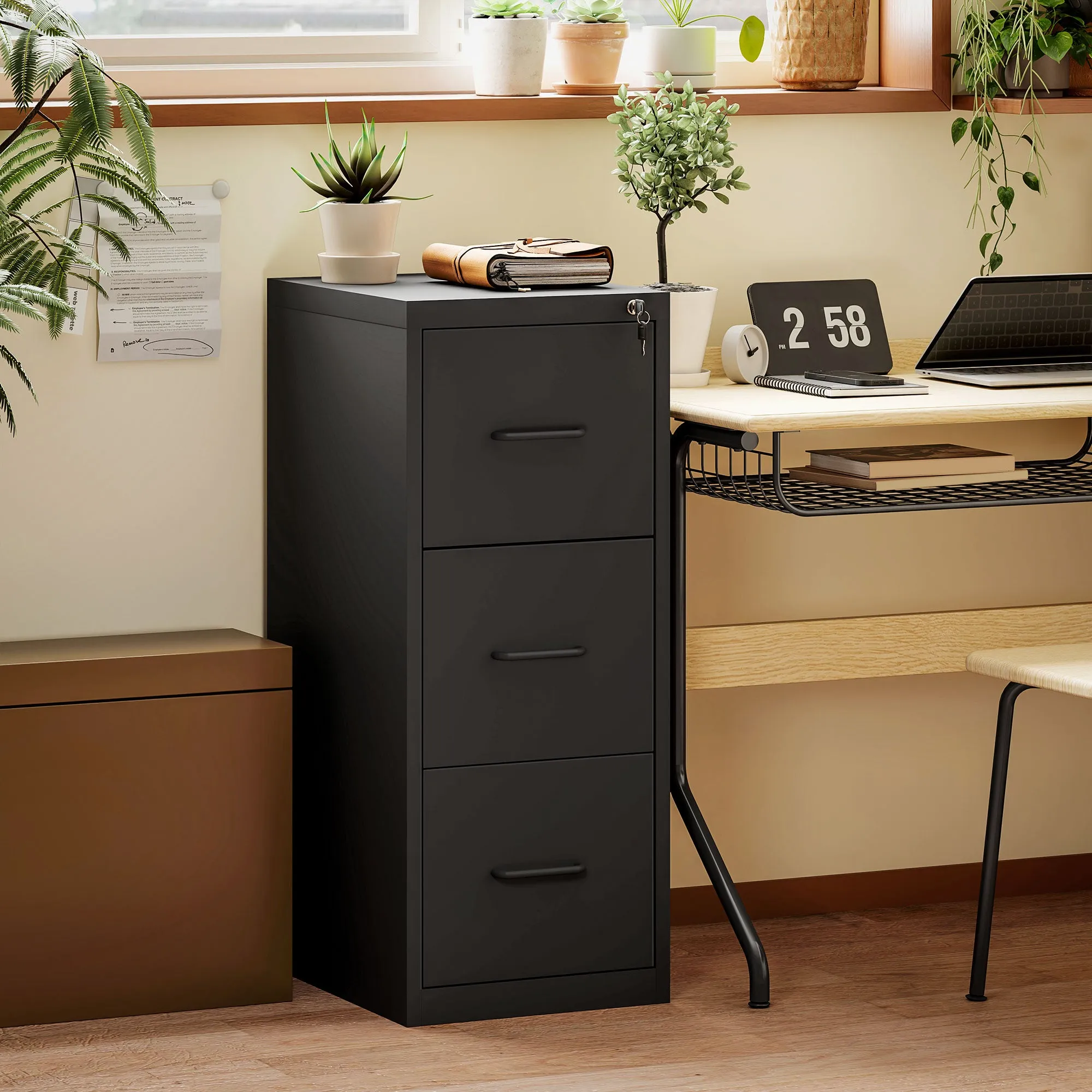 Minimal 3-Drawer Document Cabinet with Adjustable Bar, Steel, 36.5x46.2x99 cm, Black - Image 2
