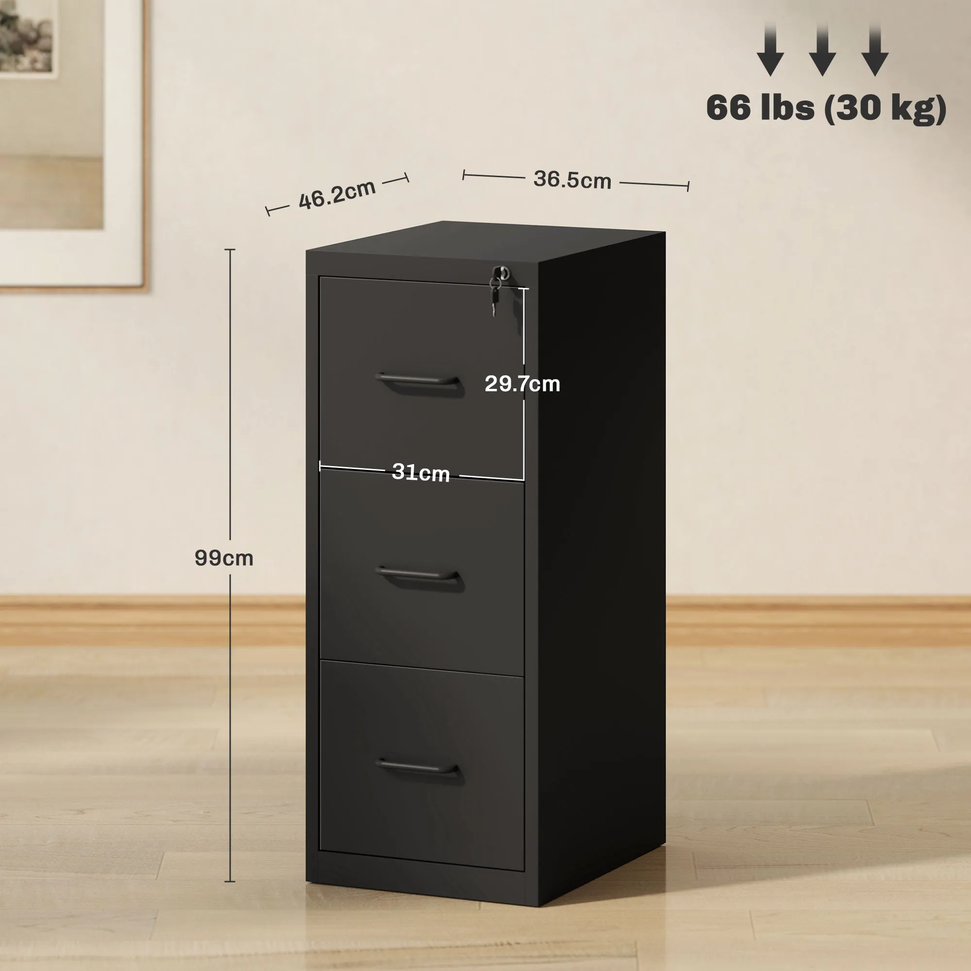 Minimal 3-Drawer Document Cabinet with Adjustable Bar, Steel, 36.5x46.2x99 cm, Black - Image 3