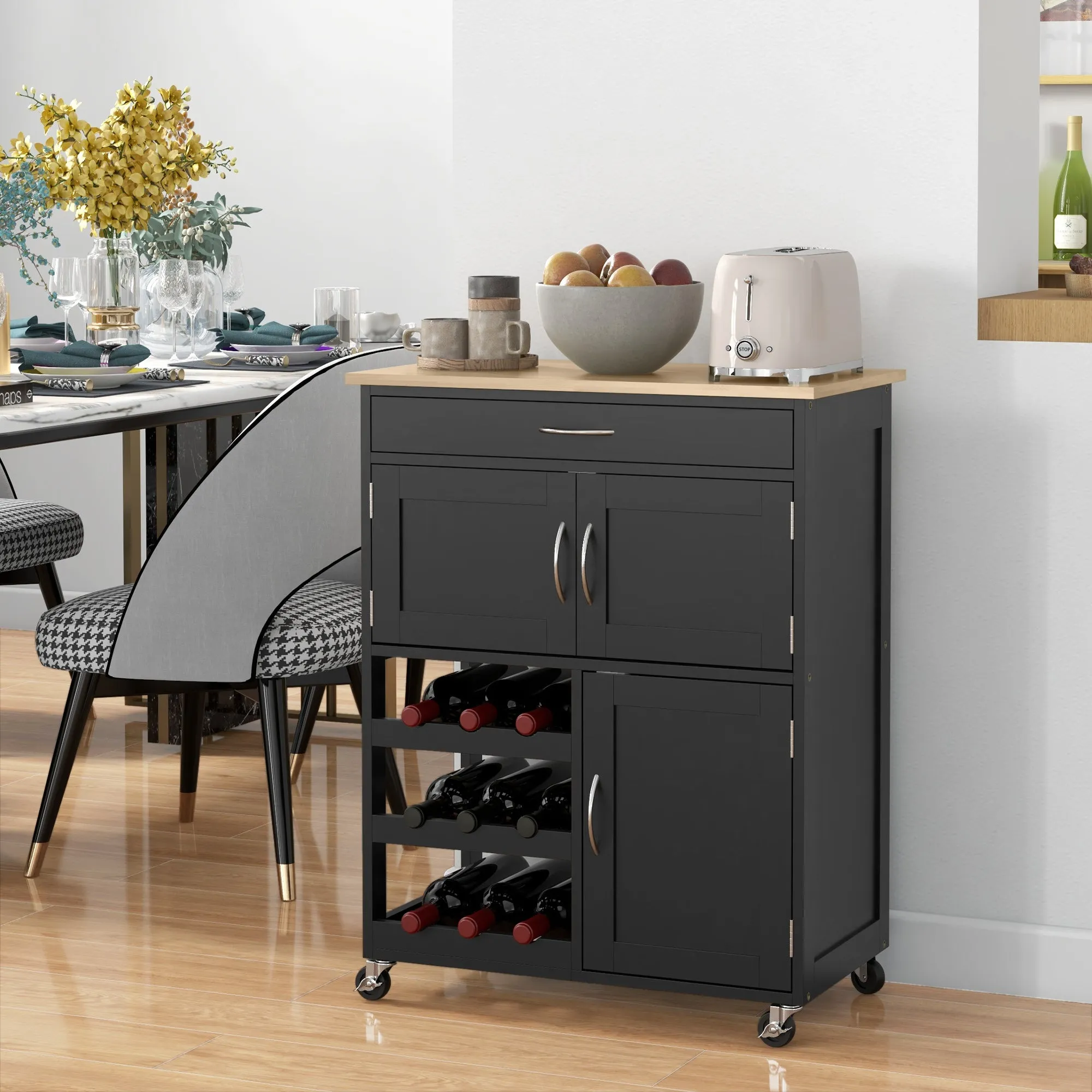 Wooden Kitchen Trolley with Bottle Holder, 3 Doors and Drawer, 67x37x87 cm, Black and Oak - Image 2