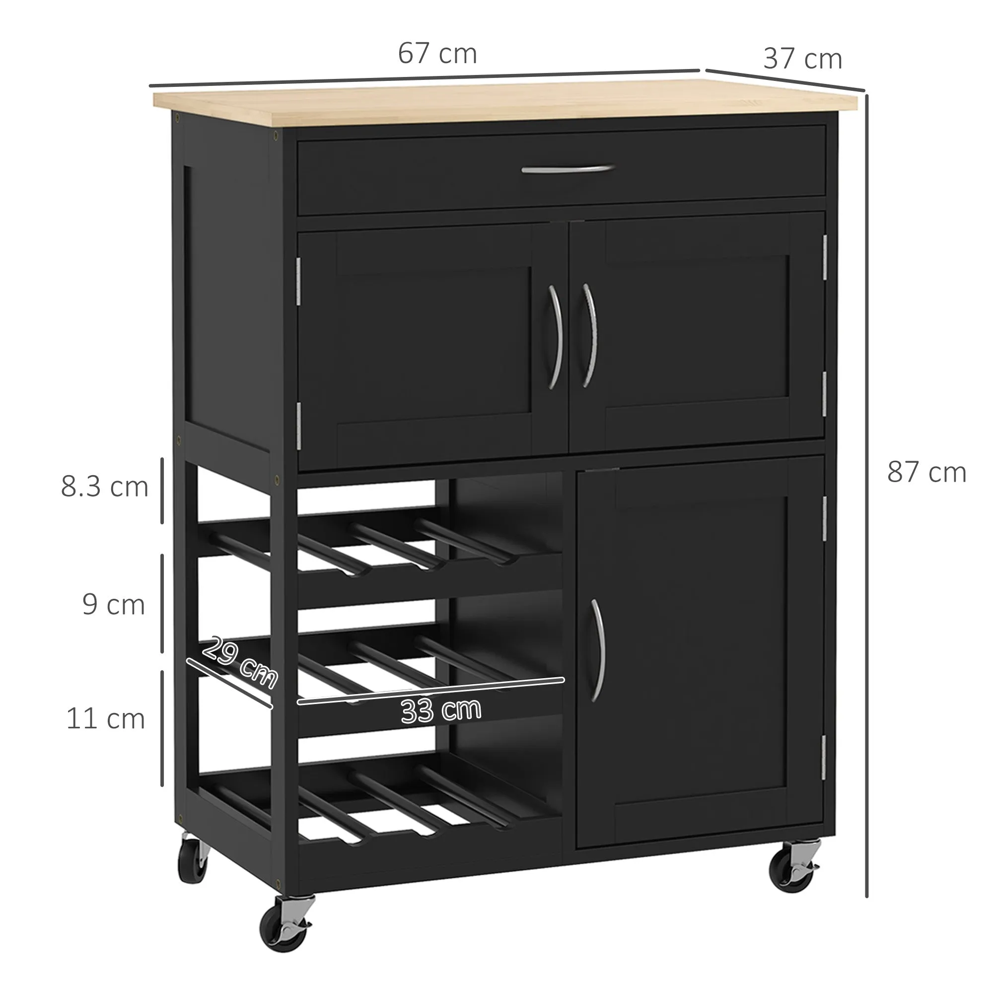 Wooden Kitchen Trolley with Bottle Holder, 3 Doors and Drawer, 67x37x87 cm, Black and Oak - Image 3
