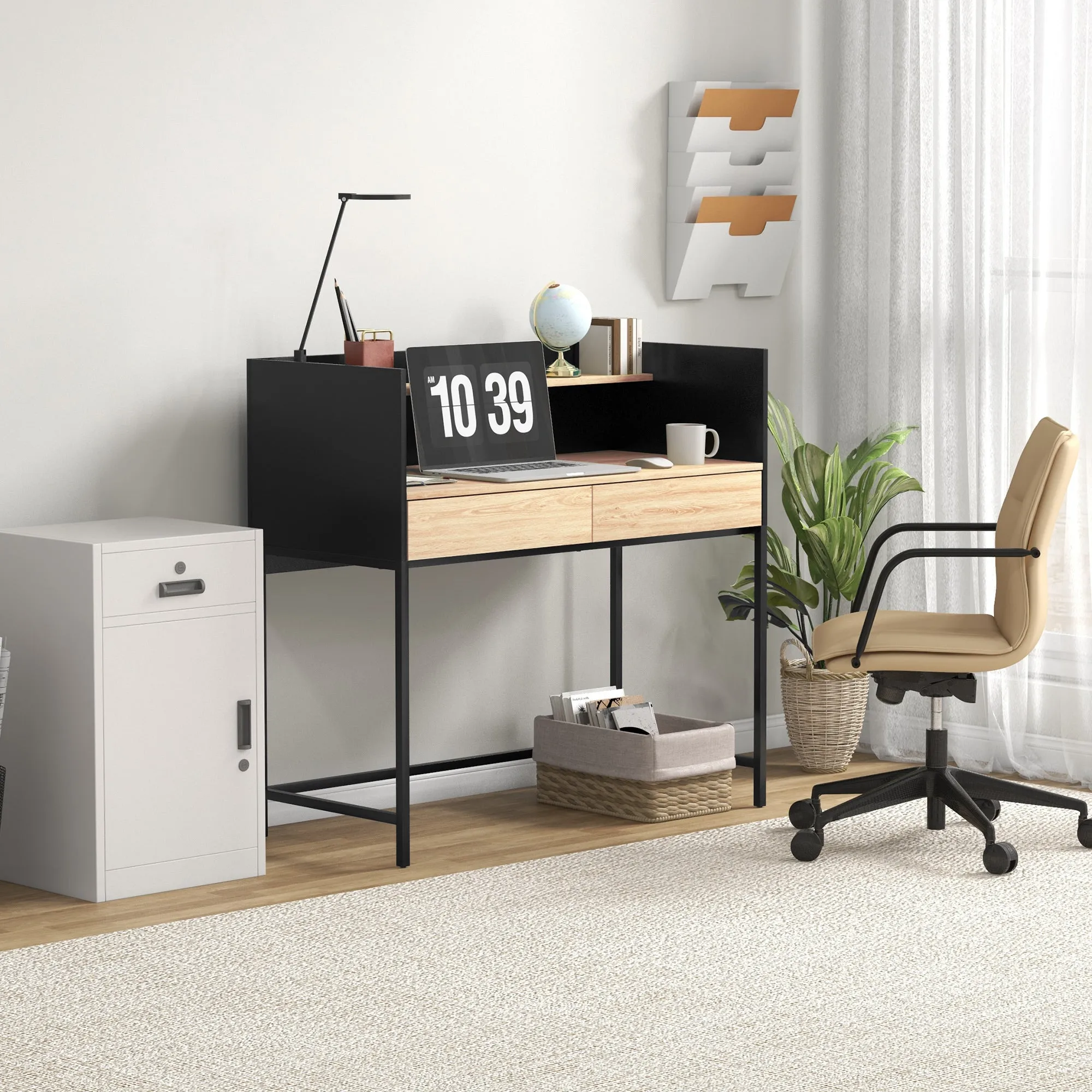 2 Drawer Desk with Top Shelf, Wood and Steel, 106x51.5x102.5 cm, Black and Oak Color - Image 2