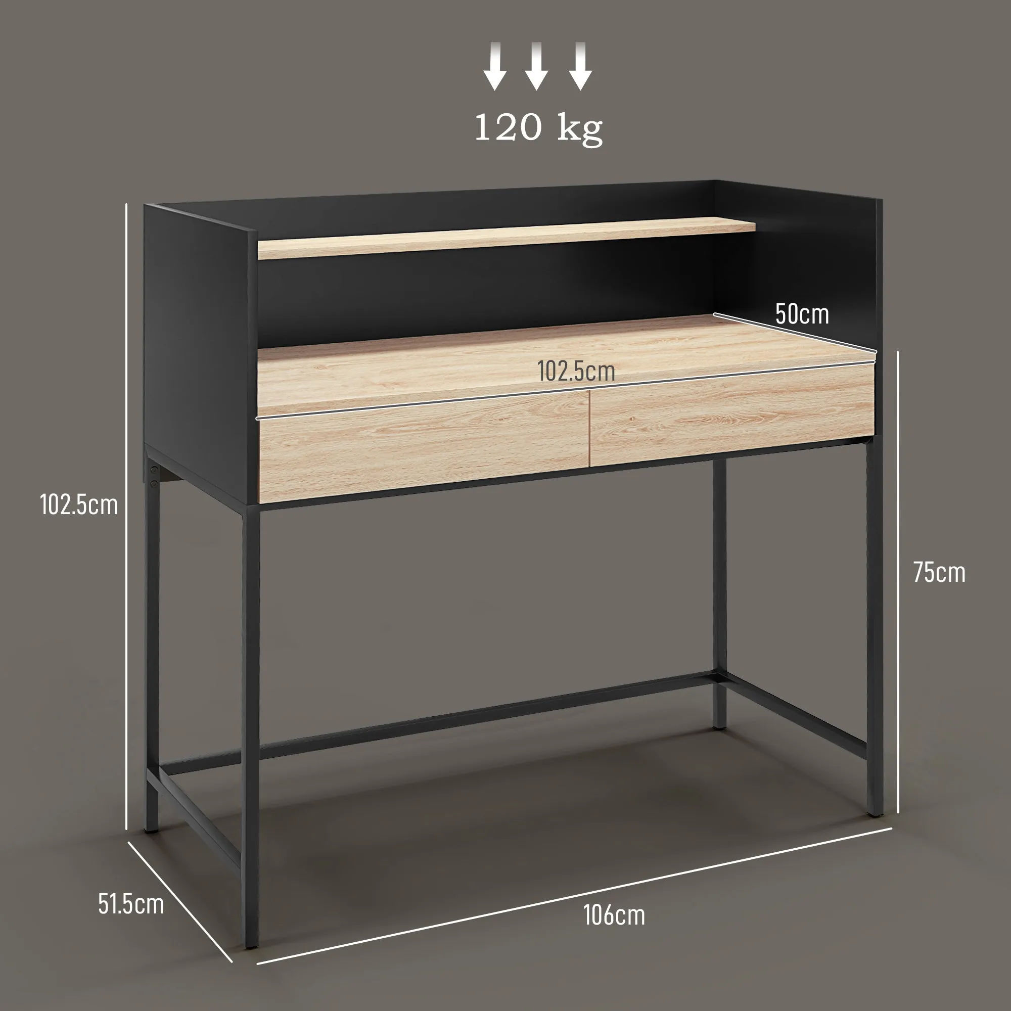 2 Drawer Desk with Top Shelf, Wood and Steel, 106x51.5x102.5 cm, Black and Oak Color - Image 3