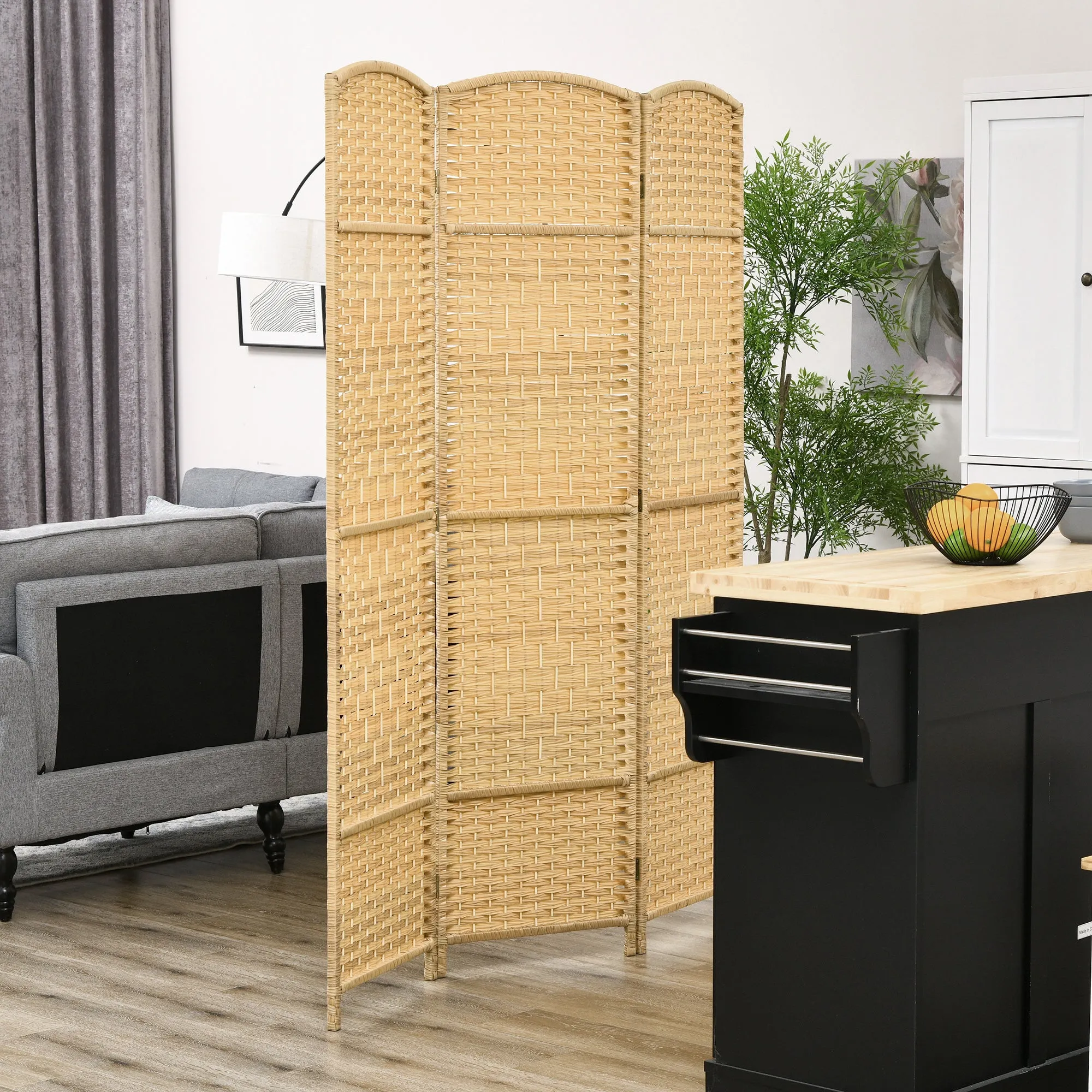 3-Panel Folding Screen for Indoors Freestanding and Woven, 135x180 cm, Wood color - Image 2