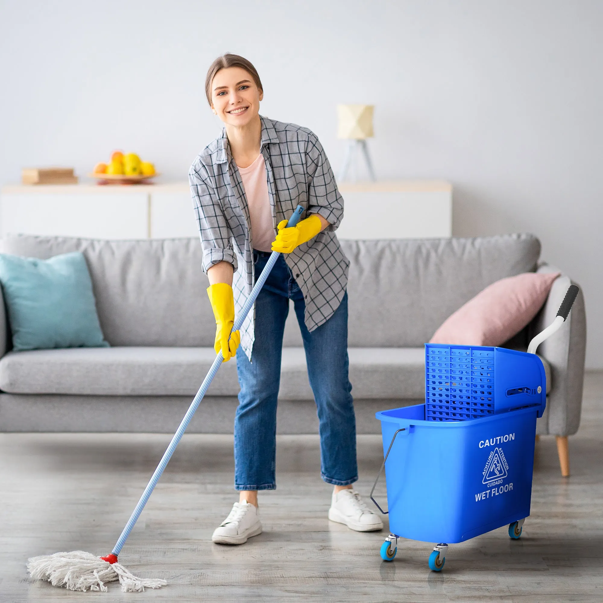 20L PP Plastic Cleaning Trolley with Bucket and Wringer, 60x27x70.5 cm, Blue - Image 2