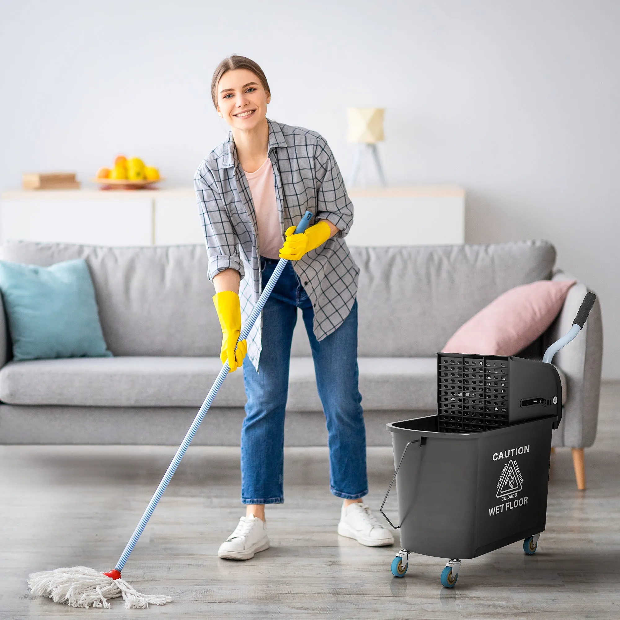 20L PP Plastic Cleaning Trolley with Bucket and Wringer, 60x27x70.5 cm, Black - Image 2