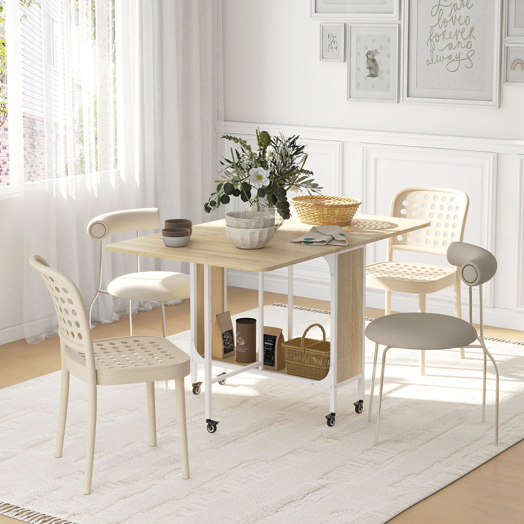 Foldable Dining Table for 6 People max with Shelf, in Wood and Metal, 130x80x74 cm, White and Wood color - Image 2