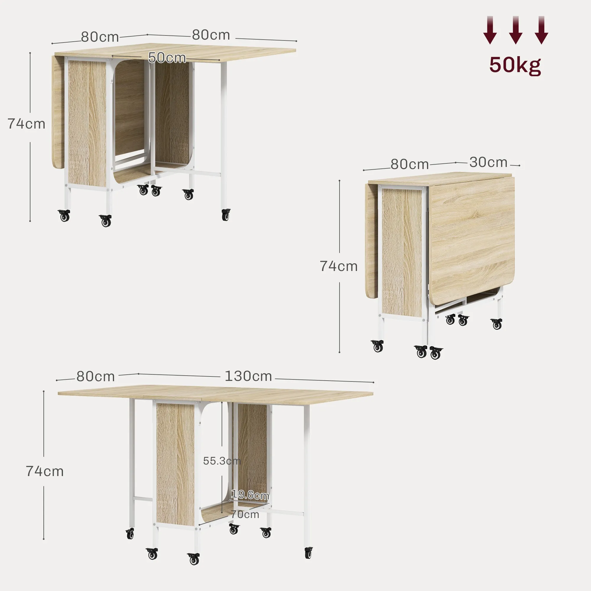 Foldable Dining Table for 6 People max with Shelf, in Wood and Metal, 130x80x74 cm, White and Wood color - Image 3