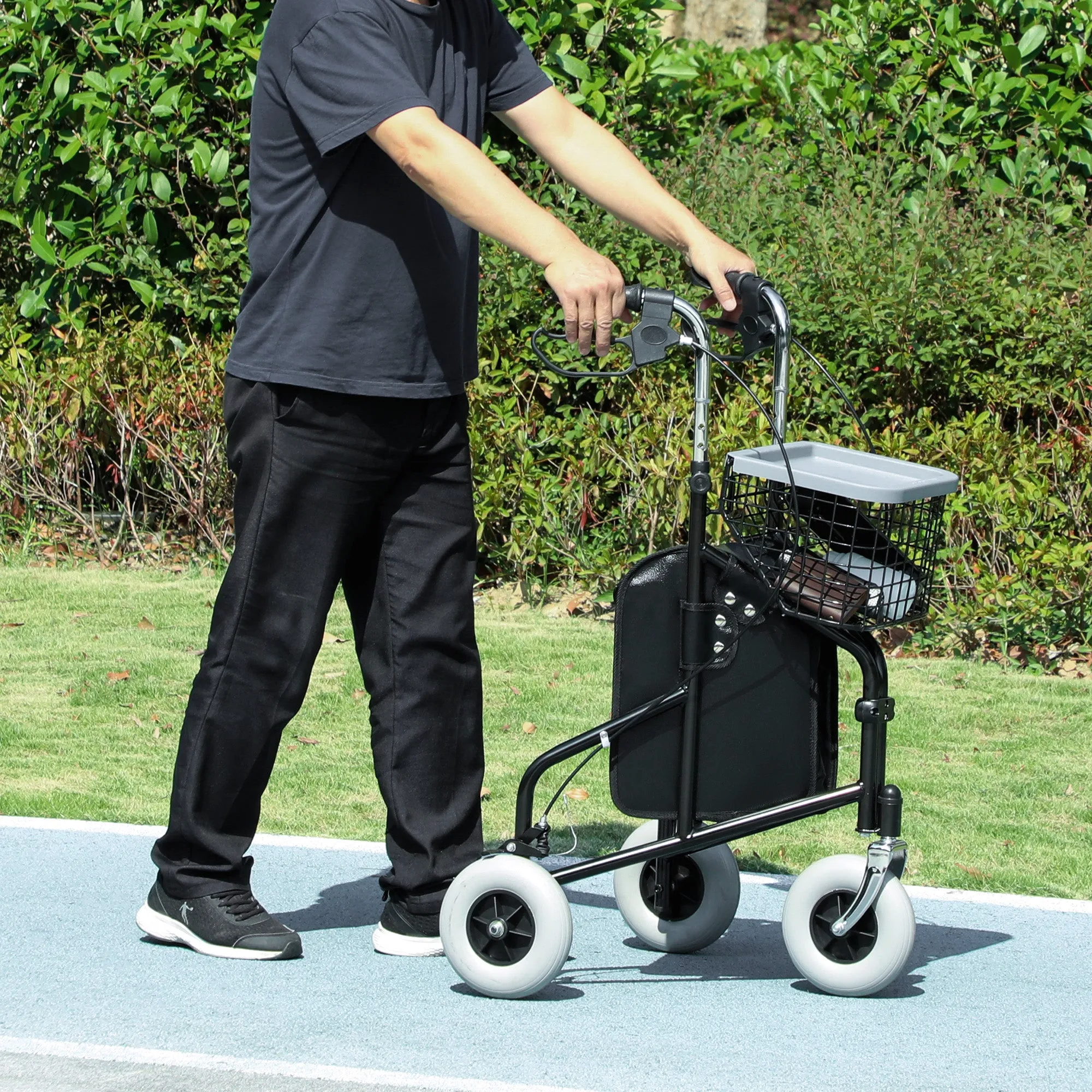 Height Adjustable Walker for Elderly and Disabled with Basket and Tray, 60x62x84-100.5 cm, Black - Image 2