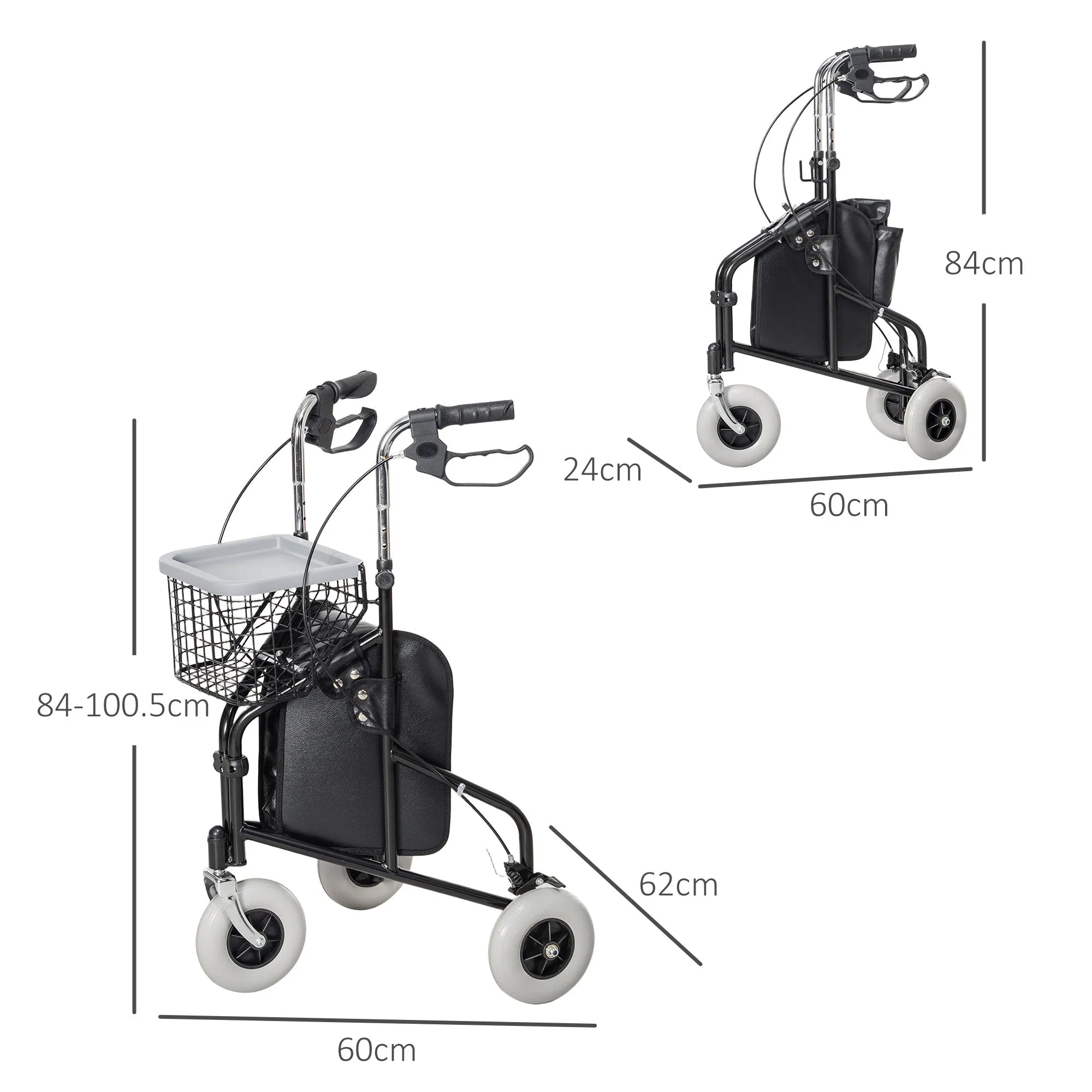 Height Adjustable Walker for Elderly and Disabled with Basket and Tray, 60x62x84-100.5 cm, Black - Image 3