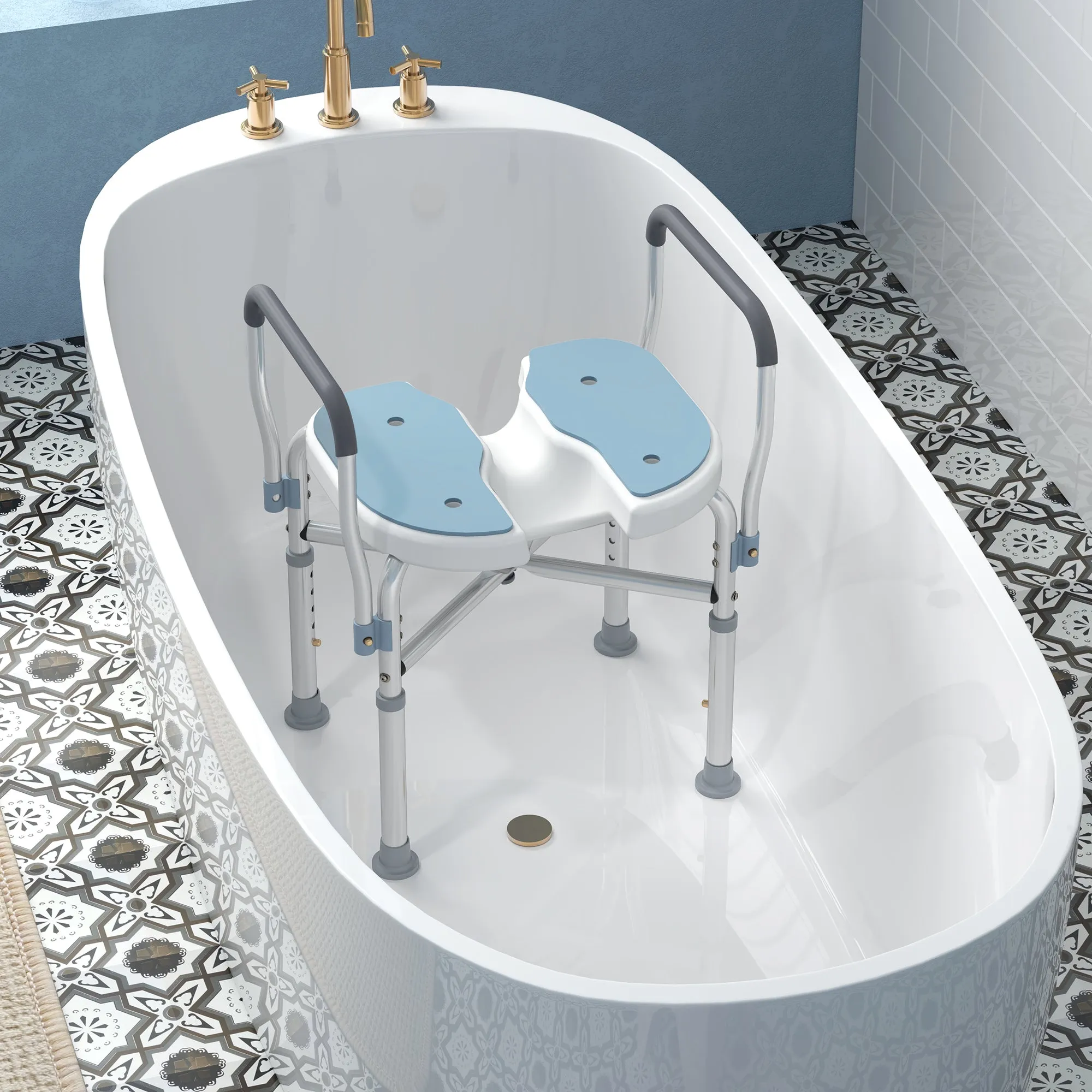 Shower Stool with Grooved Seat and Armrests, Adjustable Height and Non-Slip Feet, Blue - Image 2