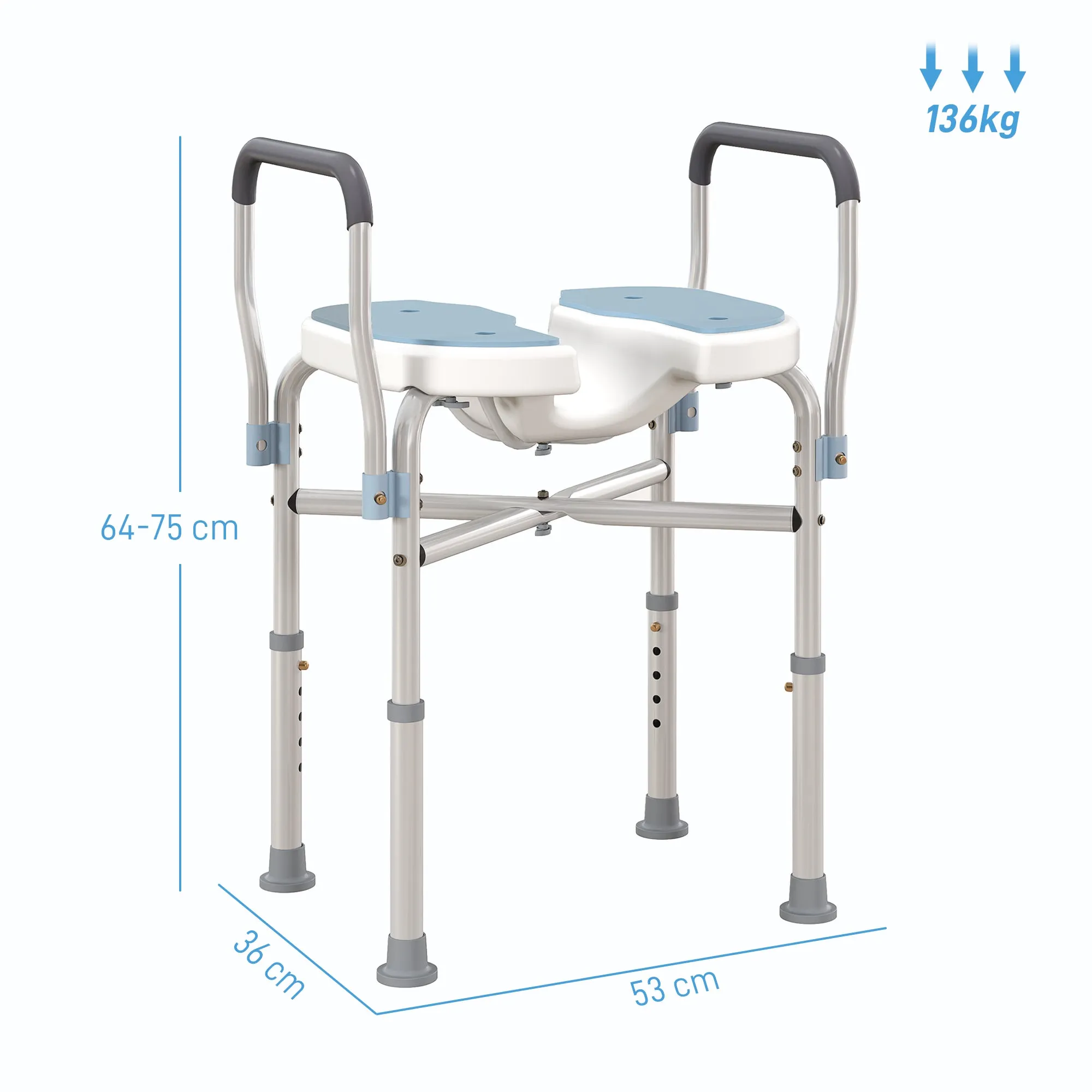 Shower Stool with Grooved Seat and Armrests, Adjustable Height and Non-Slip Feet, Blue - Image 3