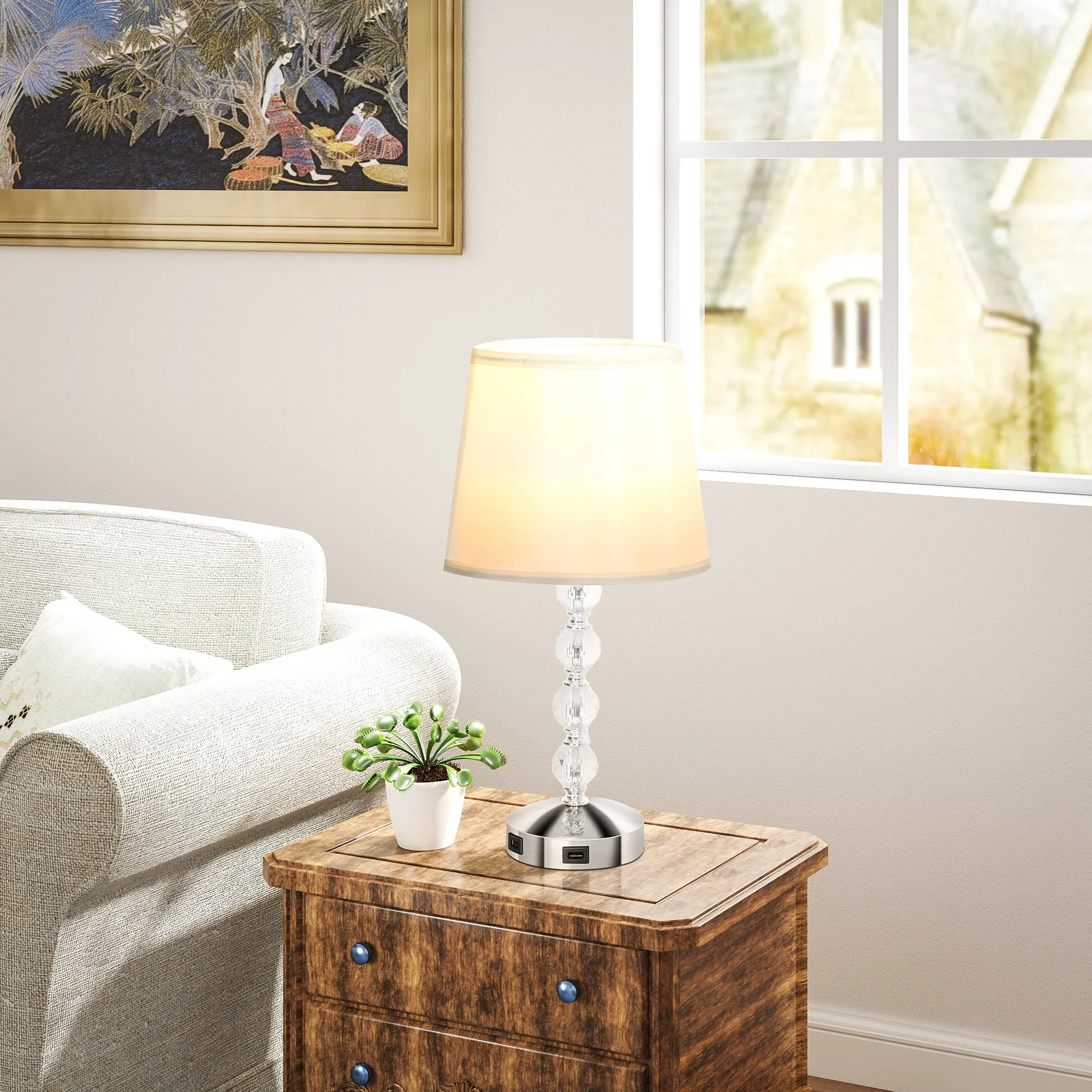 Crystal Table Lamp with USB Port, Metal, Glass and Polyester, Ø23x45 cm, White and Silver - Image 2
