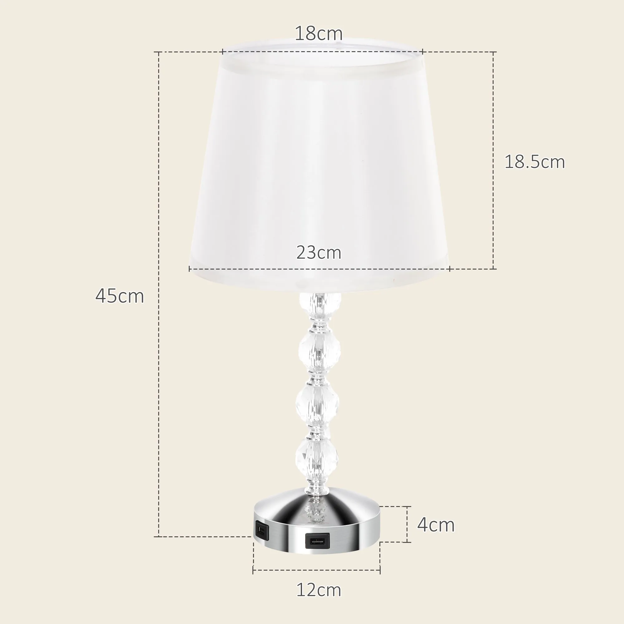 Crystal Table Lamp with USB Port, Metal, Glass and Polyester, Ø23x45 cm, White and Silver - Image 3