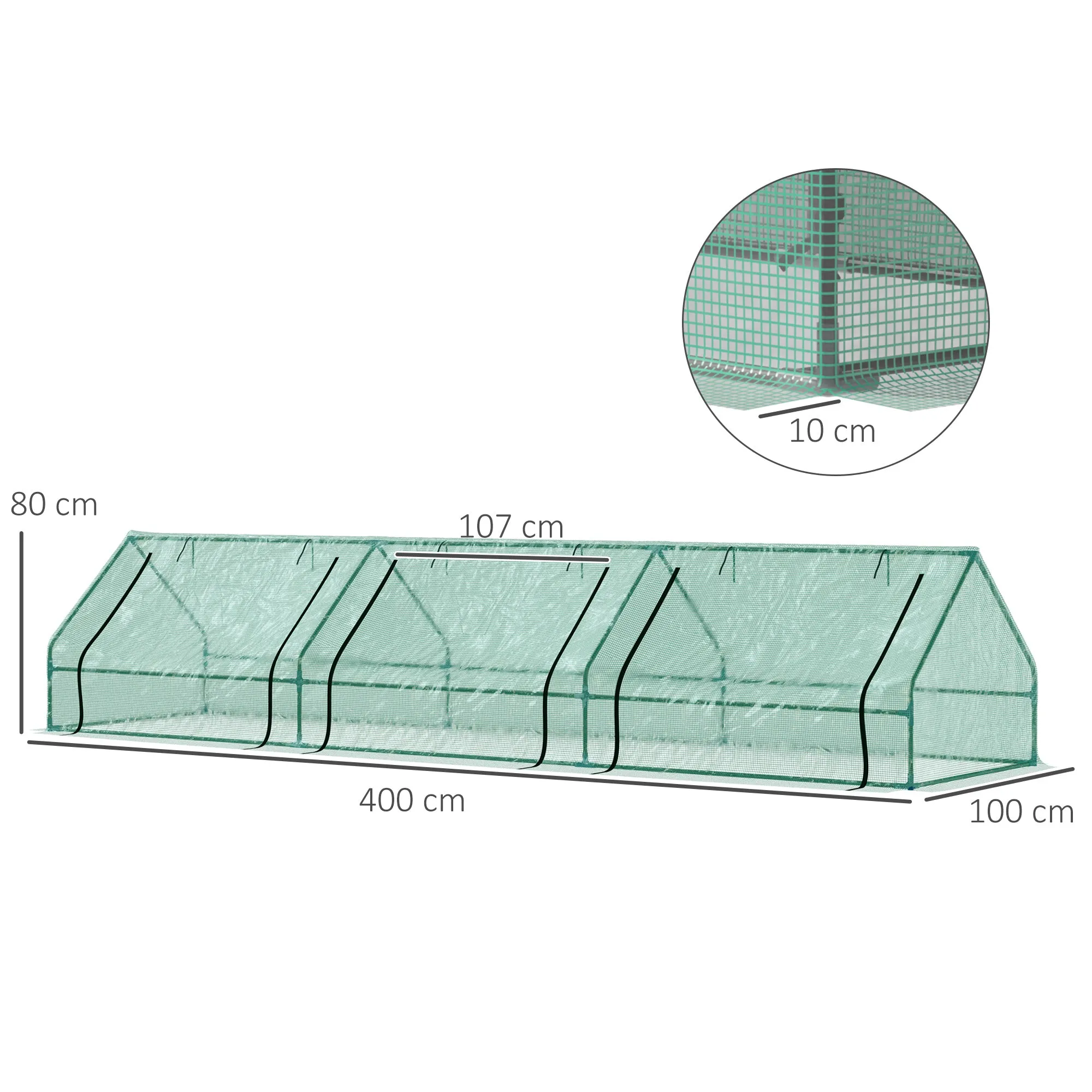 Mini Waterproof Plant Greenhouse with 3 Roll-Up Entrances, Steel & PE, 400x100x80 cm, Green - Image 3