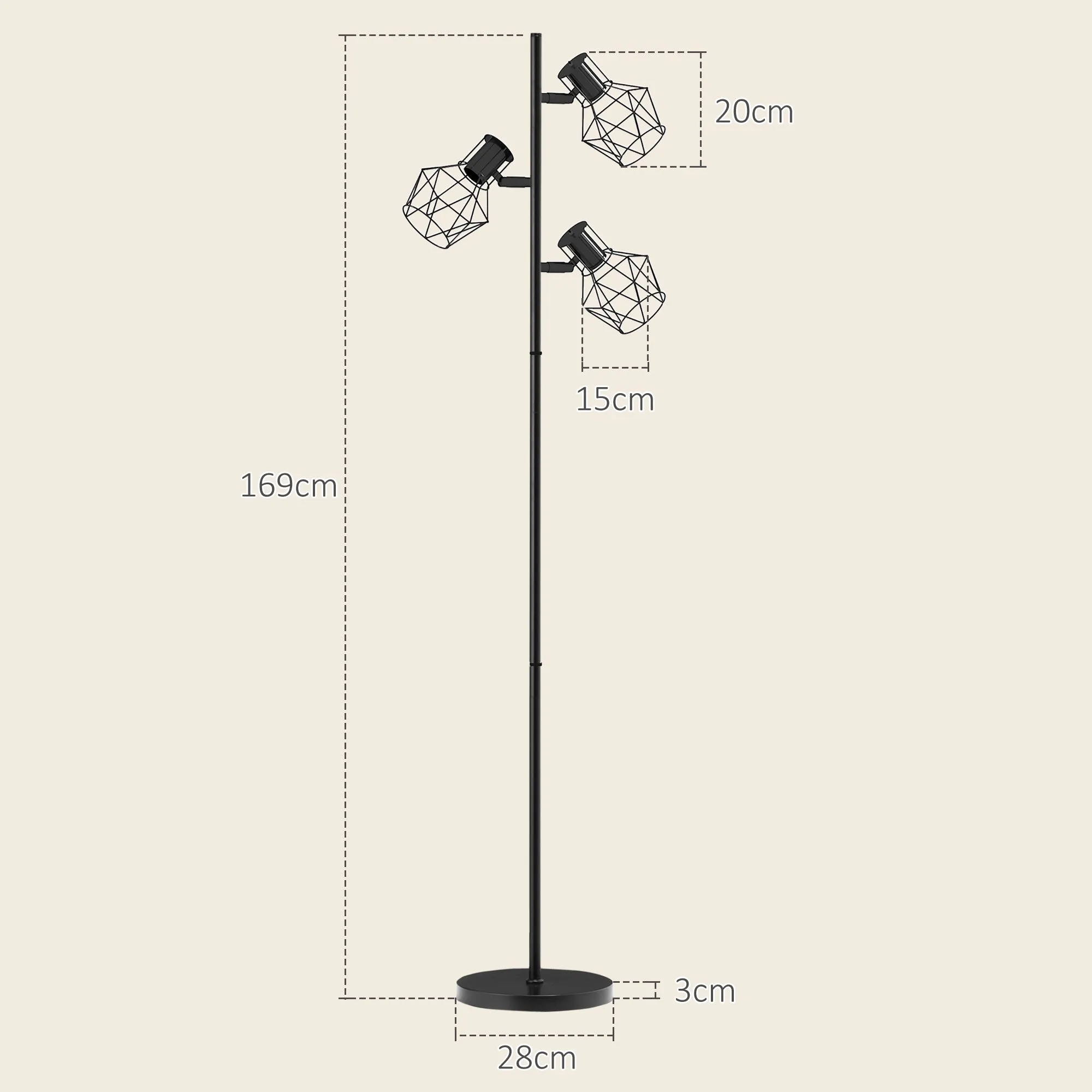 40W Floor Lamp with 3 Adjustable Lights and Knob Switch, Metal, 41x28x169 cm, Black - Image 3