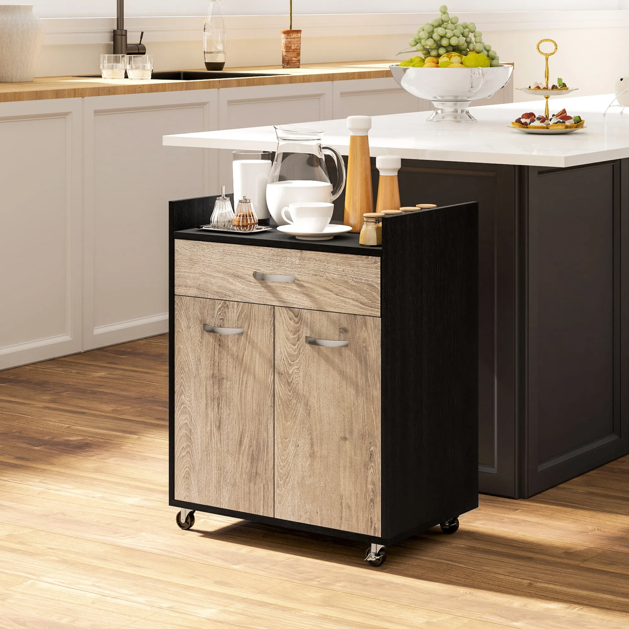 Kitchen Trolley with Drawer, Cabinet and 4 Wooden Wheels, 60x40x77cm, Black - Image 2