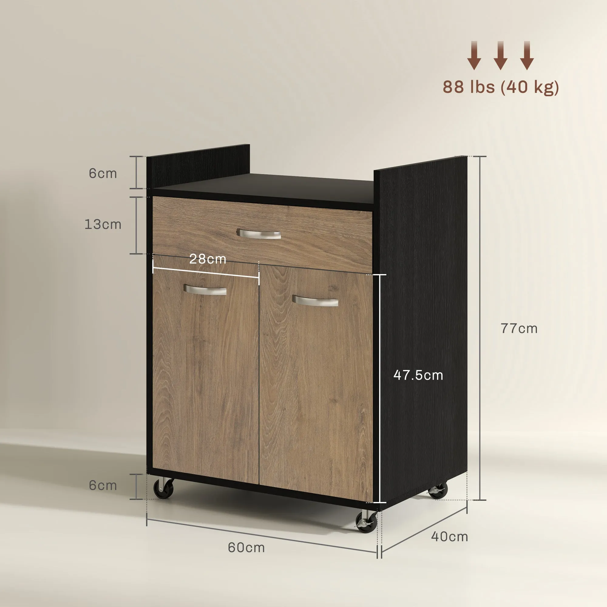 Kitchen Trolley with Drawer, Cabinet and 4 Wooden Wheels, 60x40x77cm, Black - Image 3