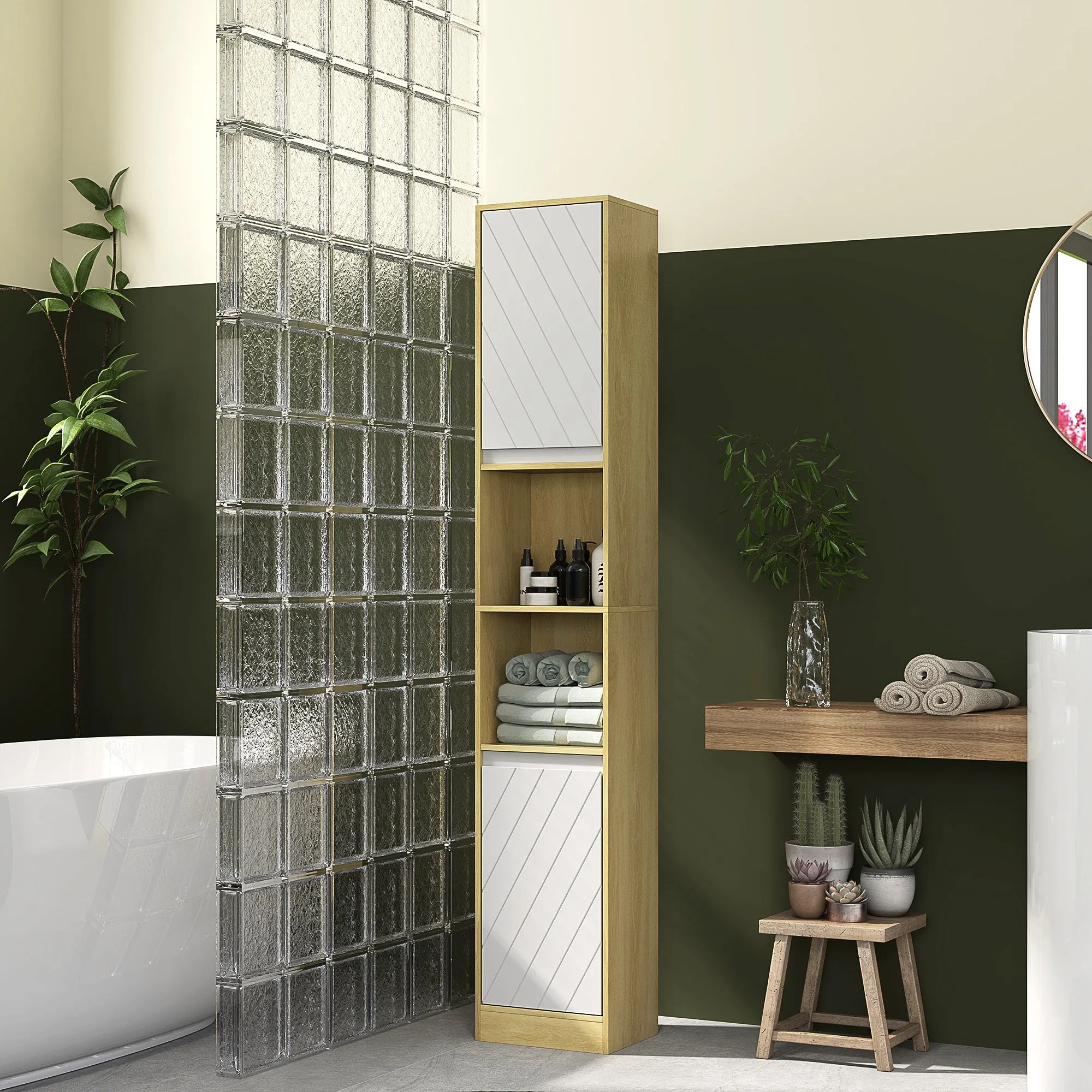 Space-Saving Bathroom Column Cabinet in Wood with 2 Cabinets and Shelves, 30x24x170 cm, Oak and White - Image 2
