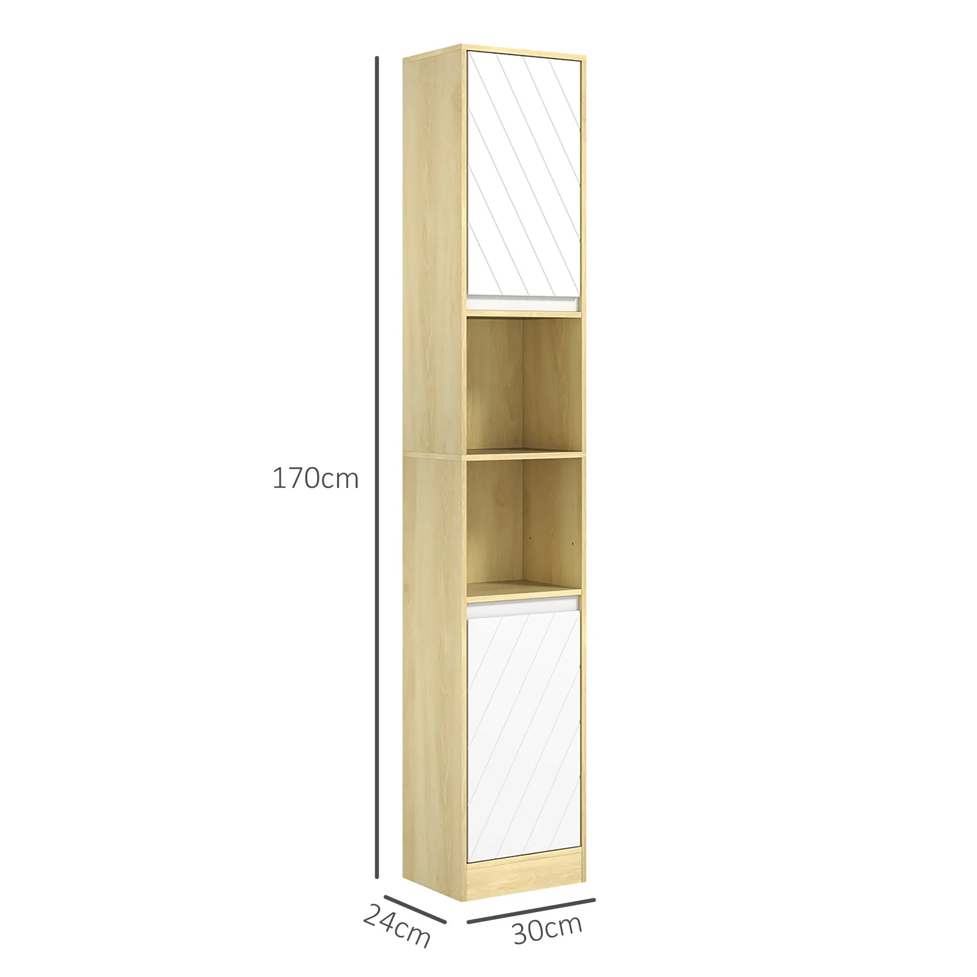 Space-Saving Bathroom Column Cabinet in Wood with 2 Cabinets and Shelves, 30x24x170 cm, Oak and White - Image 3