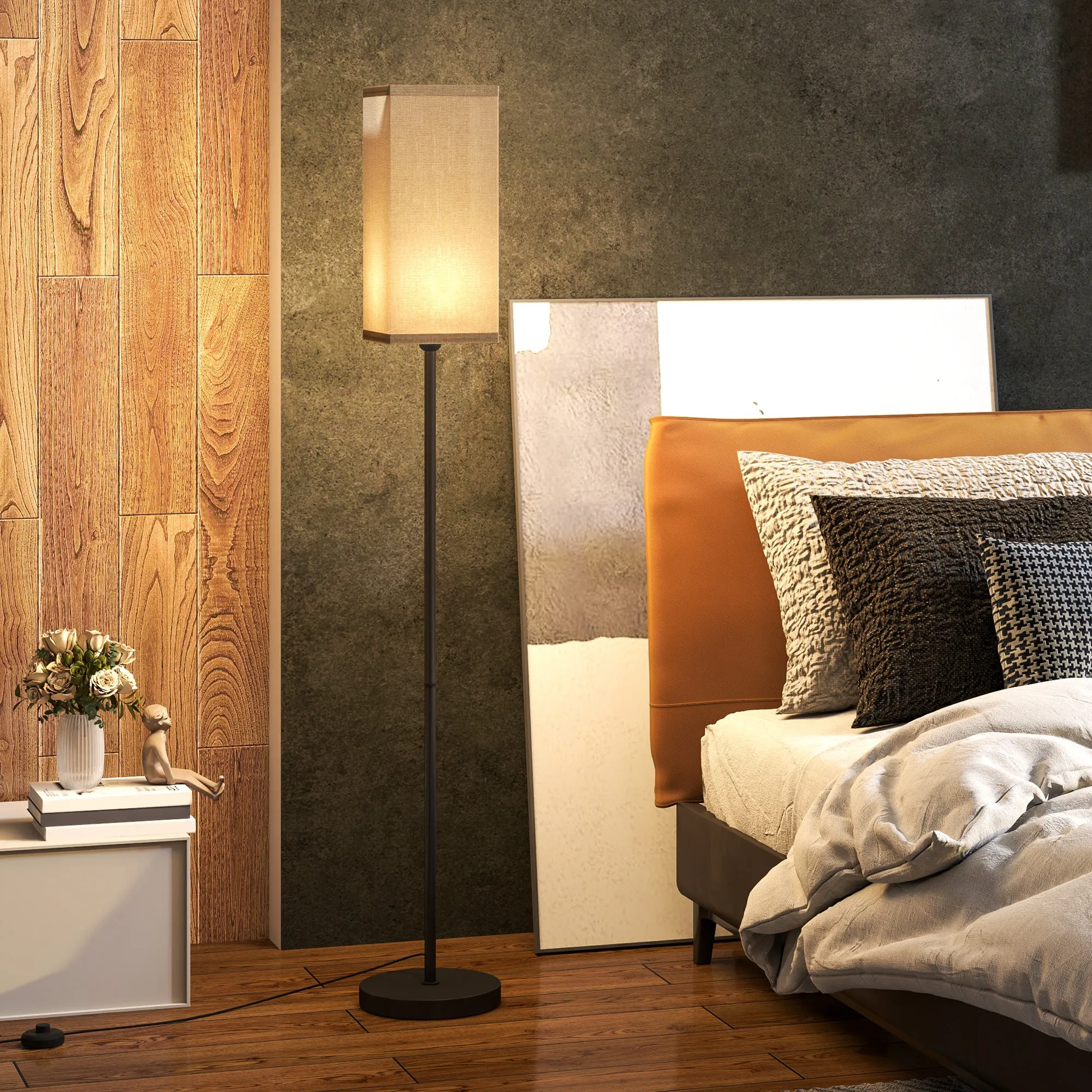 40W Floor Lamp with Foot Switch, Linen Effect Fabric and Metal, Ø25x161.5 cm, Black and Beige - Image 2