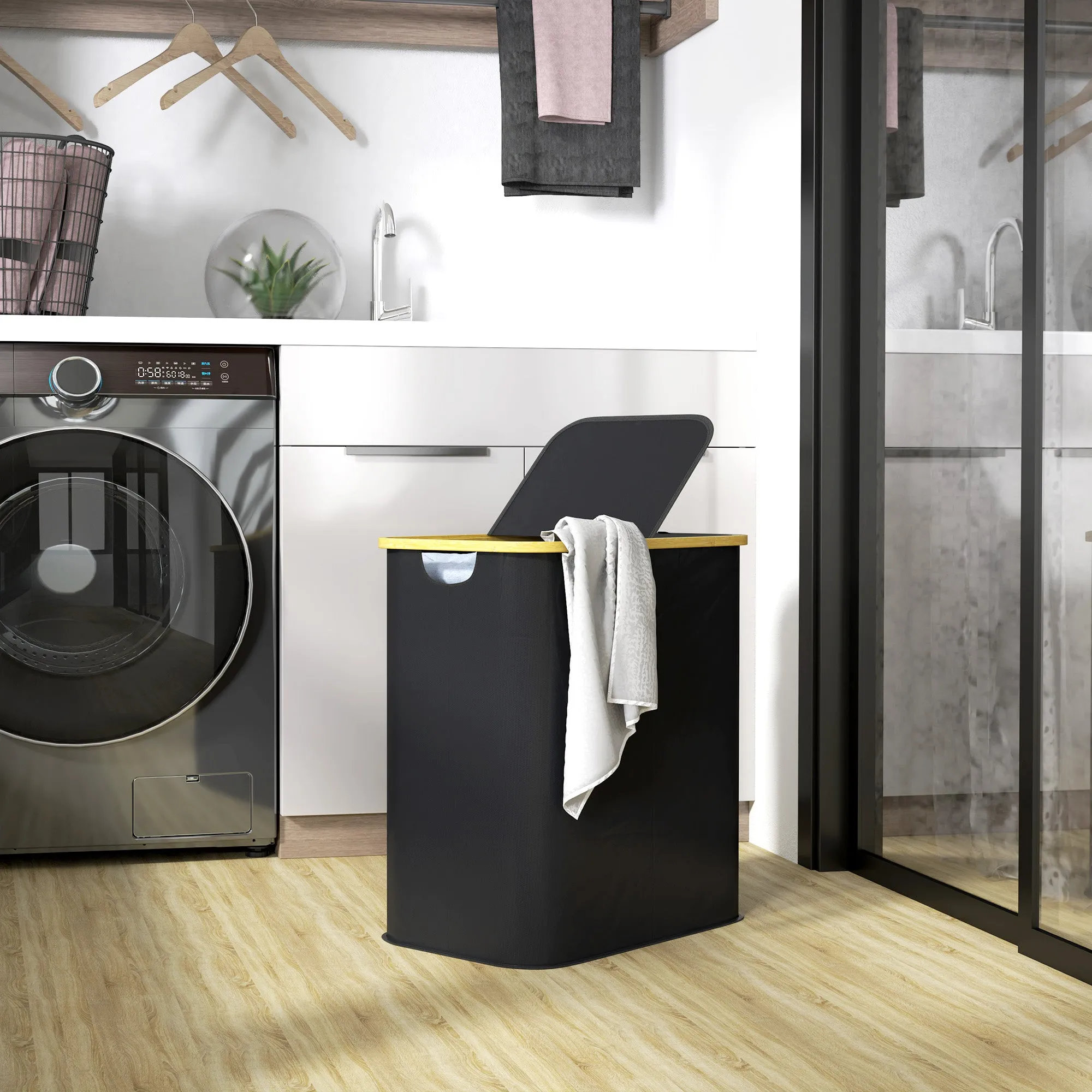 Laundry Basket 80L 2-Section with Lid, Non-Woven and Bamboo, 54x34x58.5 cm, Black - Image 2