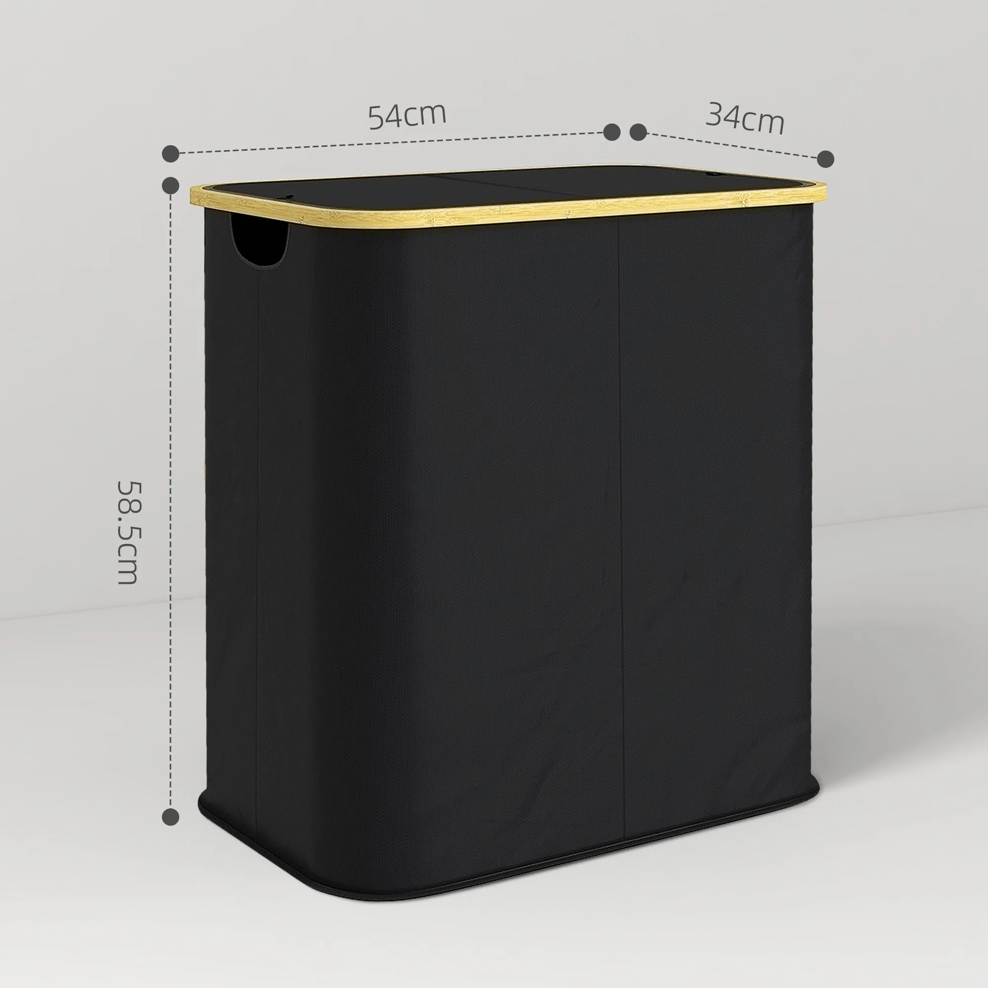 Laundry Basket 80L 2-Section with Lid, Non-Woven and Bamboo, 54x34x58.5 cm, Black - Image 3