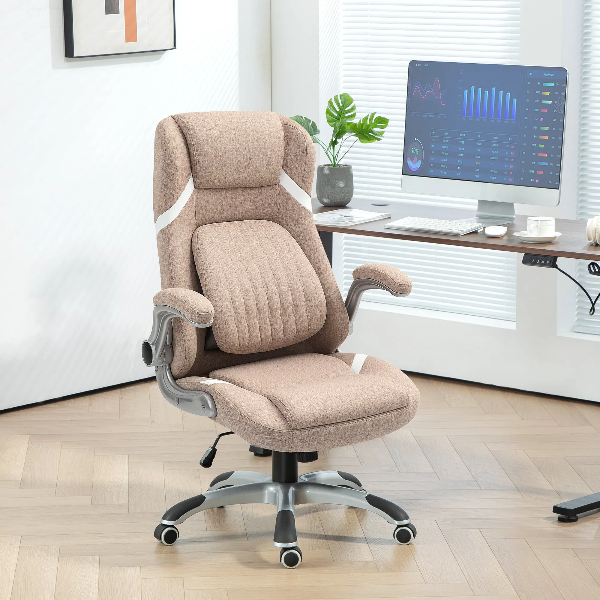 Height-Adjustable Height Fabric Recliner Office Chair, 68x76x109-117 cm, Light Brown - Image 2