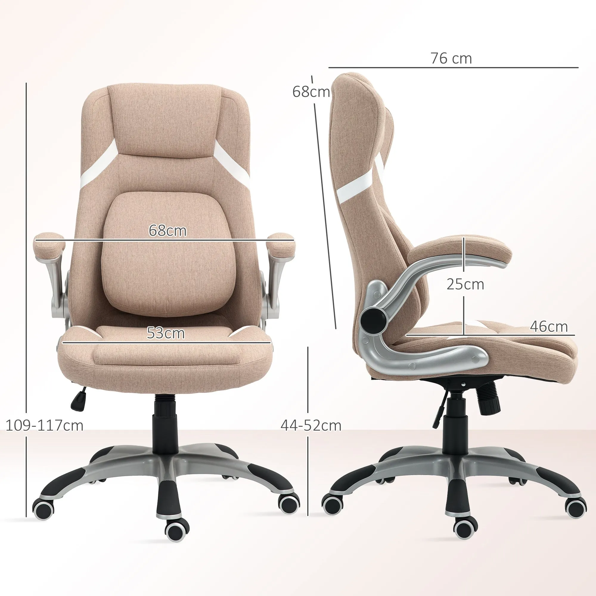 Height-Adjustable Height Fabric Recliner Office Chair, 68x76x109-117 cm, Light Brown - Image 3