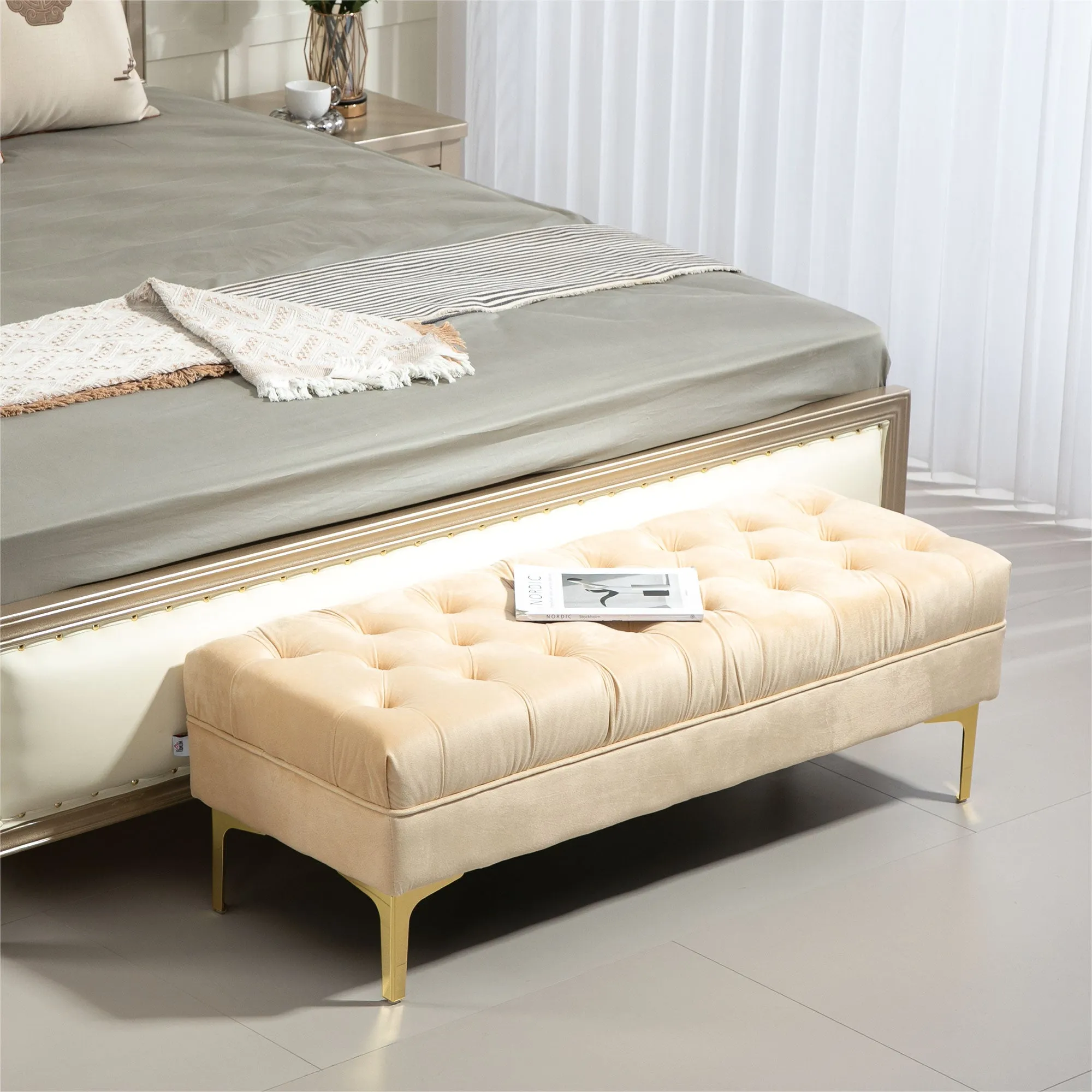 Padded Bed End Bench with Quilted Velvet Effect Fabric Covering, 118x45x42 cm, Beige - Image 2