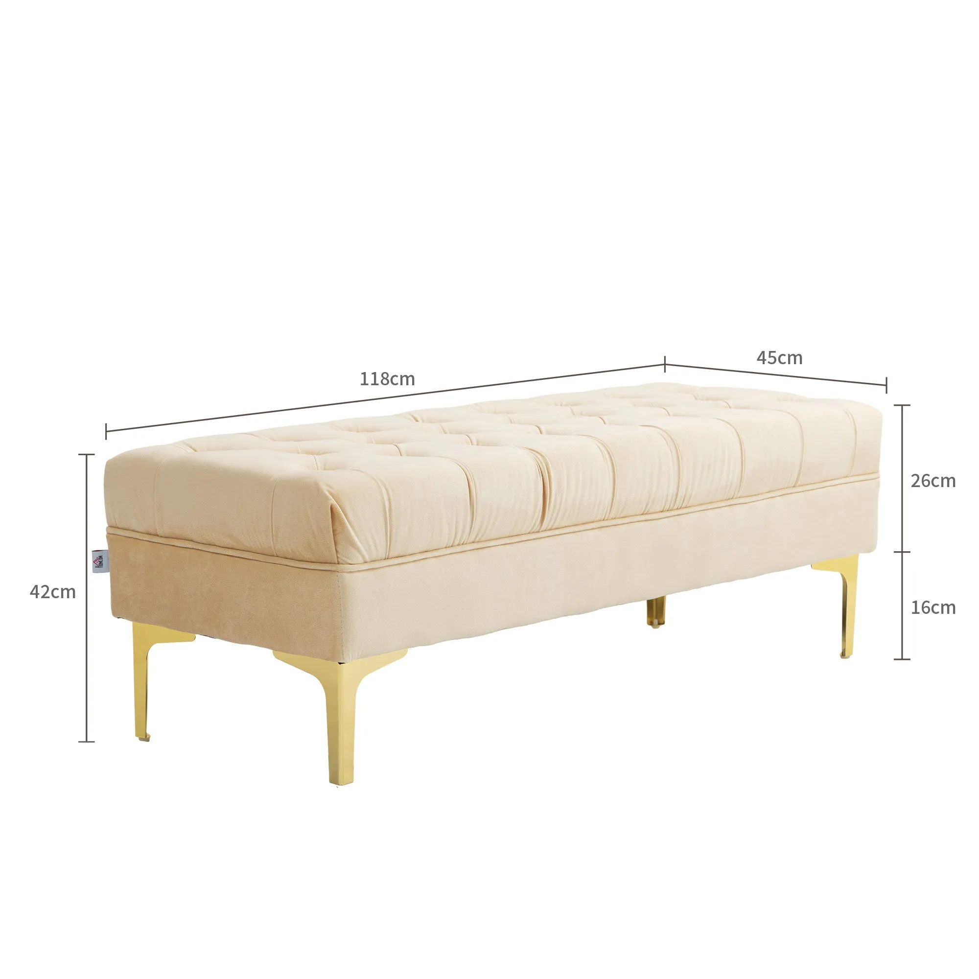 Padded Bed End Bench with Quilted Velvet Effect Fabric Covering, 118x45x42 cm, Beige - Image 3