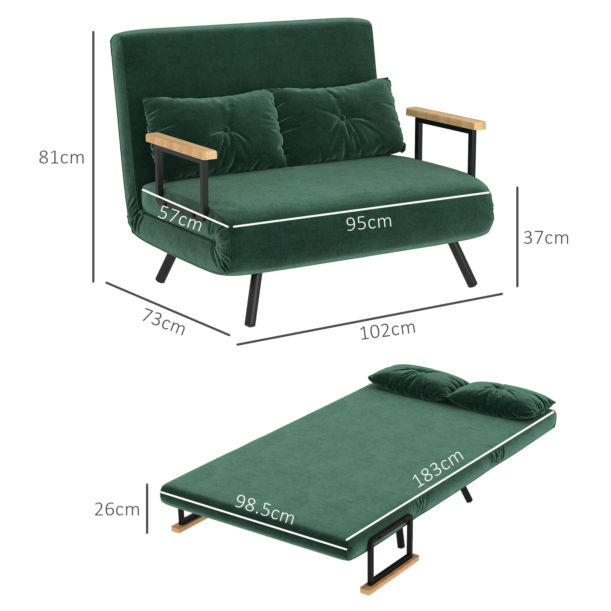 3-in-1 Velvet Effect Fabric Sofa Bed with Adjustable Backrest and 2 Cushions, 102x73x81 cm, Green - Image 3