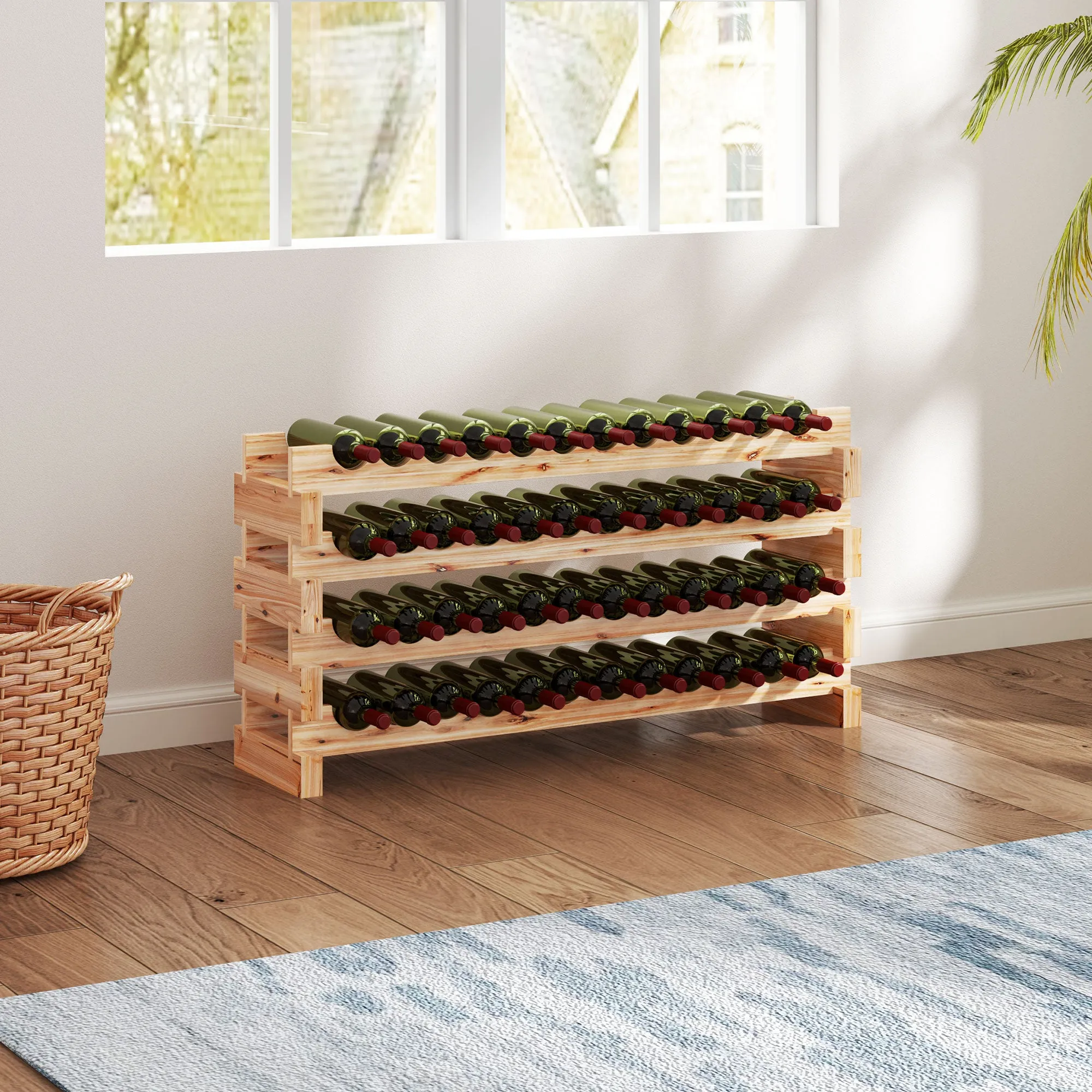 Pine Wood Wine Rack, Wine Cellar with 4 Shelves for 48 Bottles, 114x28x56.5 cm, Wood Color - Image 2