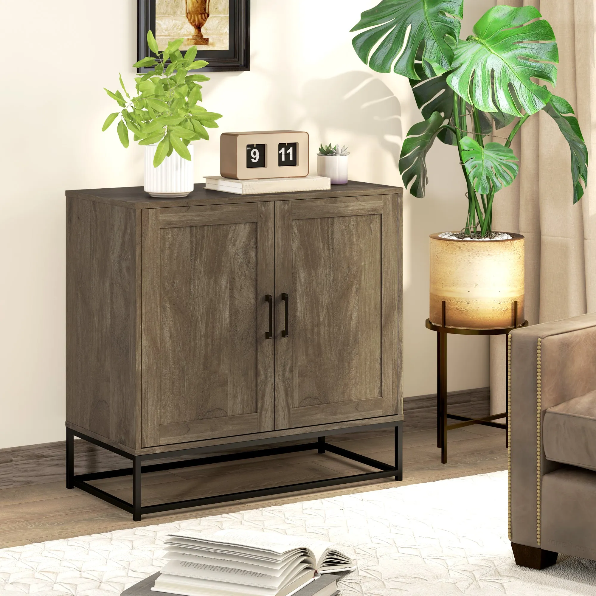 Living Room Sideboard 2 Tier with Adjustable Shelf, Wood and Steel, 80x40x78 cm, Brown and Black - Image 2