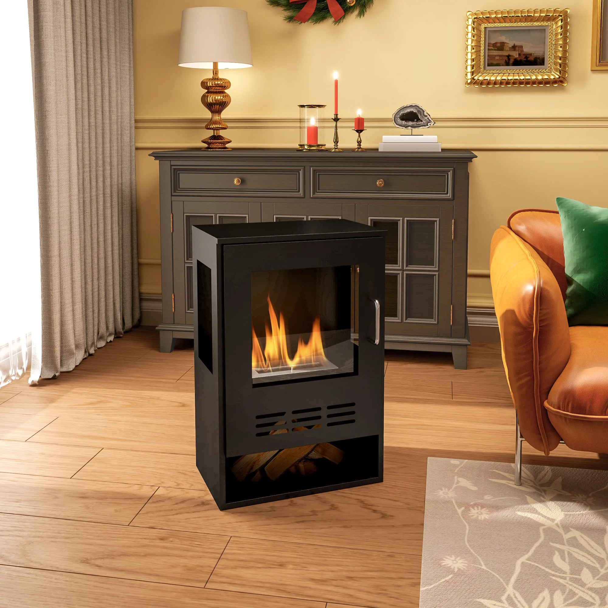 Freestanding Bioethanol Fireplace with 0.9L Burner and 3.3 Hour Duration, 44x28x68 cm, Black - Image 2
