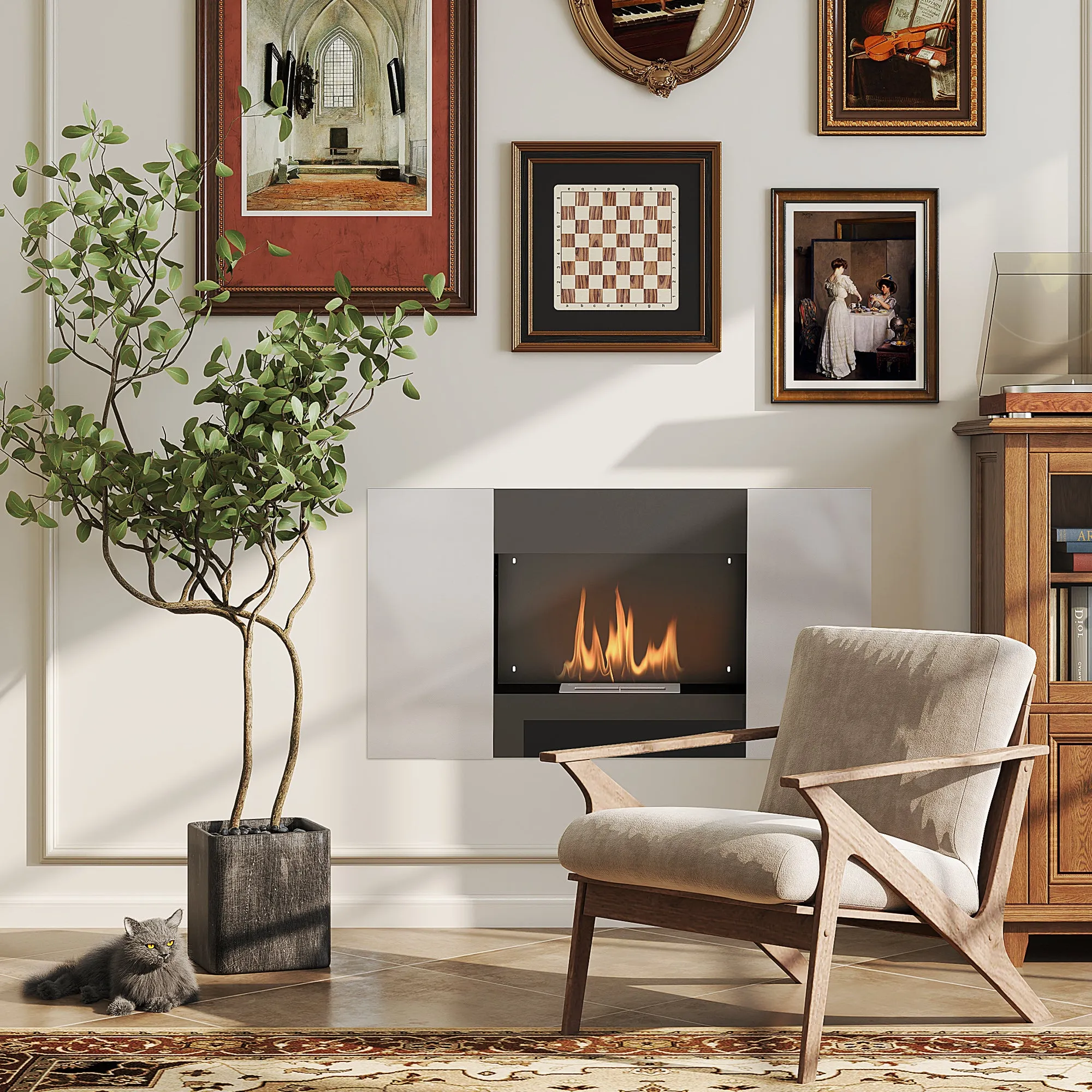 Wall Mounted 0.9L Bioethanol Fireplace with Protective Panel, Stainless Steel and Glass, 100x15x54 cm, Black and Silver - Image 2