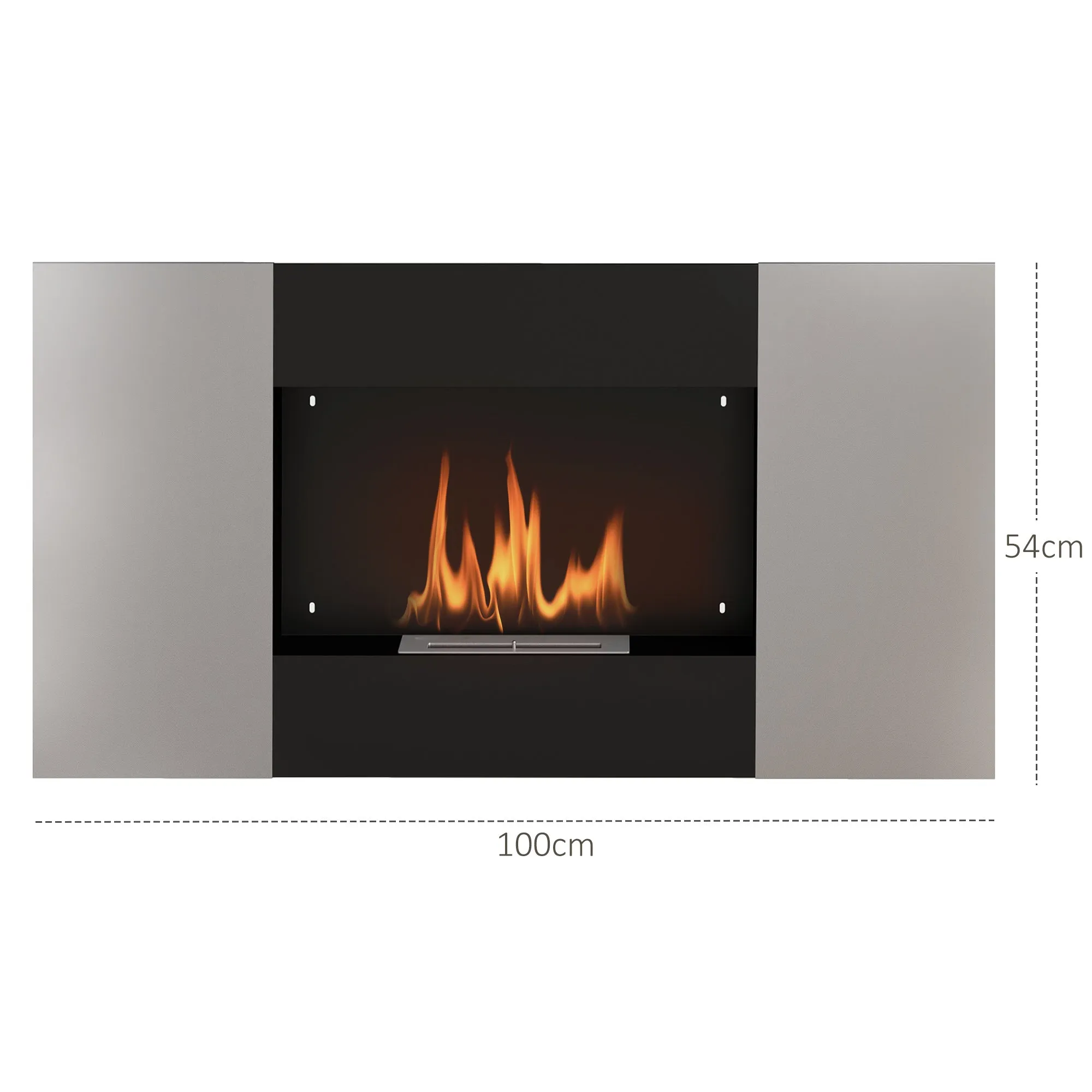 Wall Mounted 0.9L Bioethanol Fireplace with Protective Panel, Stainless Steel and Glass, 100x15x54 cm, Black and Silver - Image 3