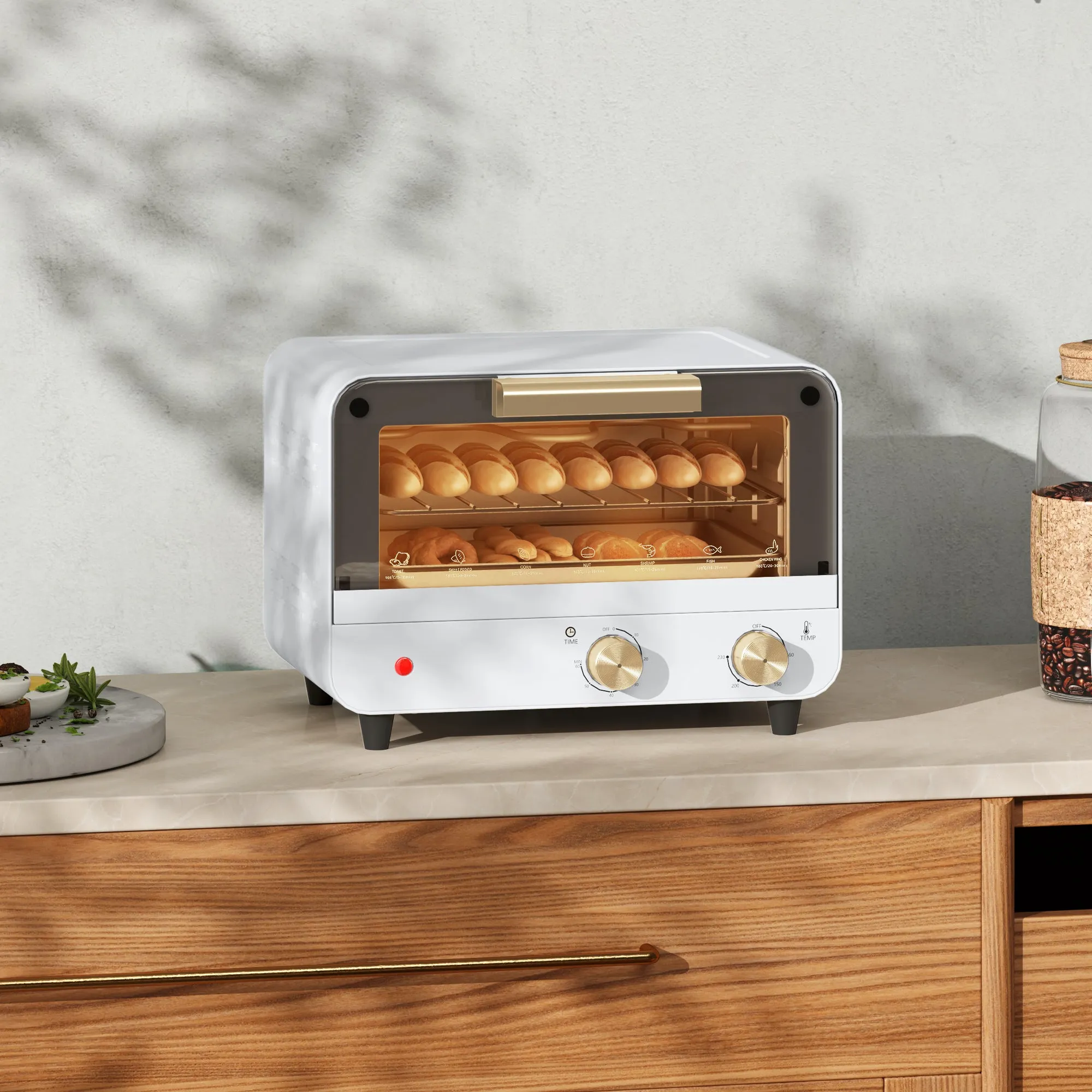 12L Electric Oven with Timer and Adjustable Temperature, in Steel and Plastic, 31.5x27.7x22.7 cm, White and Gold - Image 2