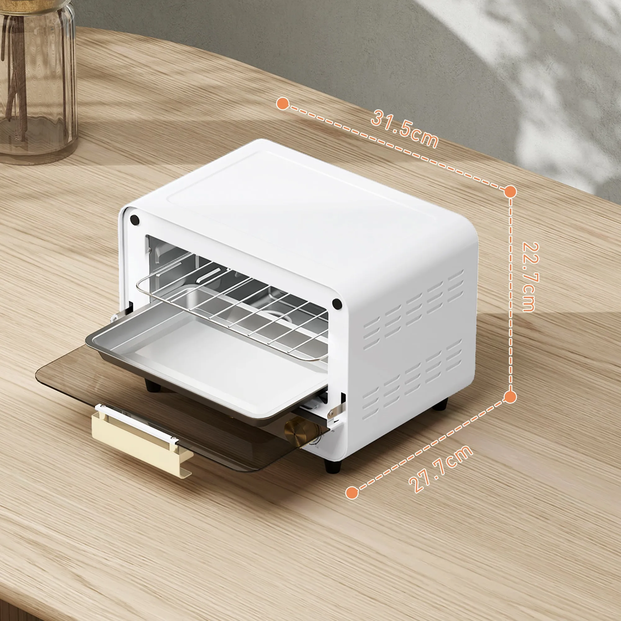 12L Electric Oven with Timer and Adjustable Temperature, in Steel and Plastic, 31.5x27.7x22.7 cm, White and Gold - Image 3