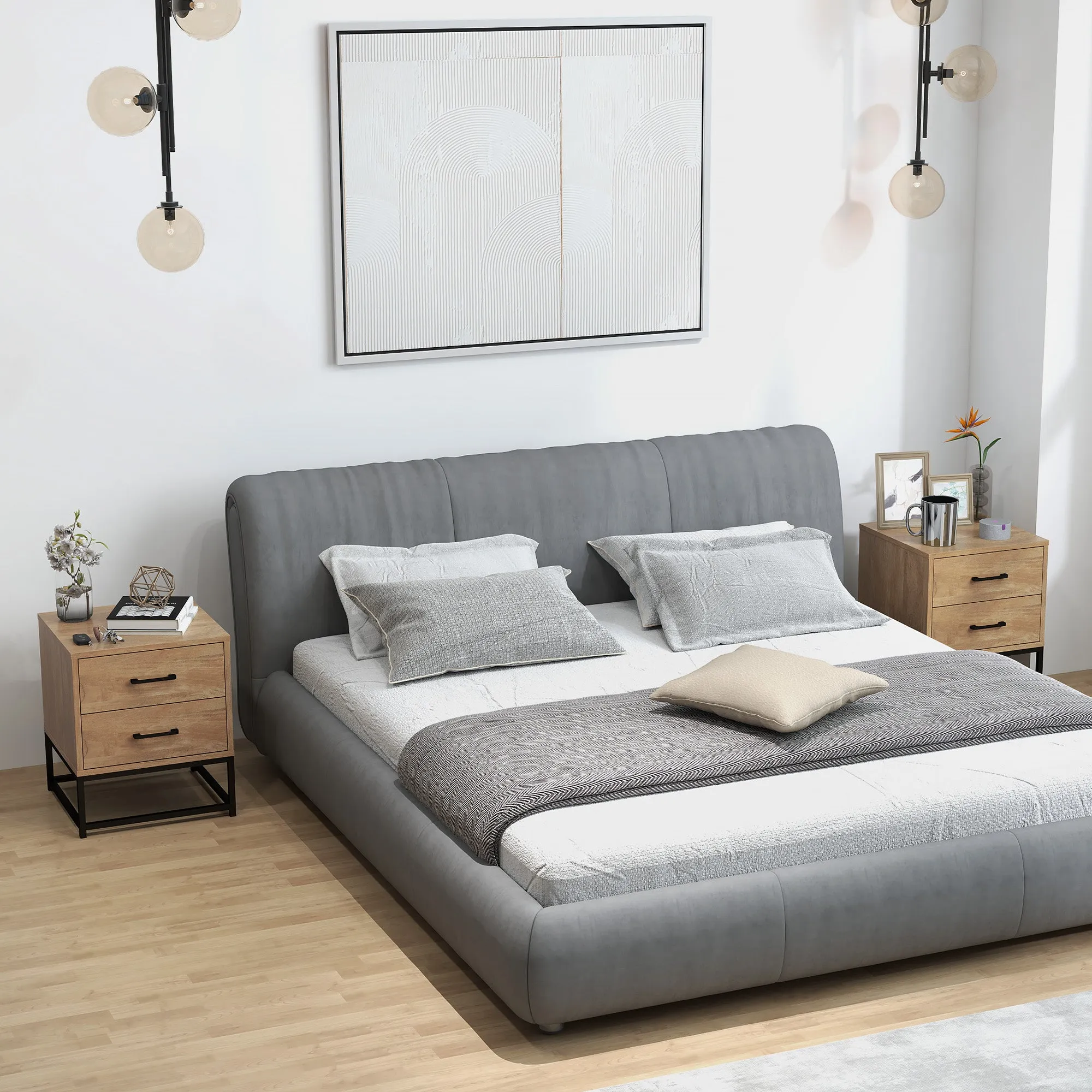 Set of 2 Industrial Style Wooden and Steel Bedside Tables with 2 Drawers, Wood Colour - Image 2