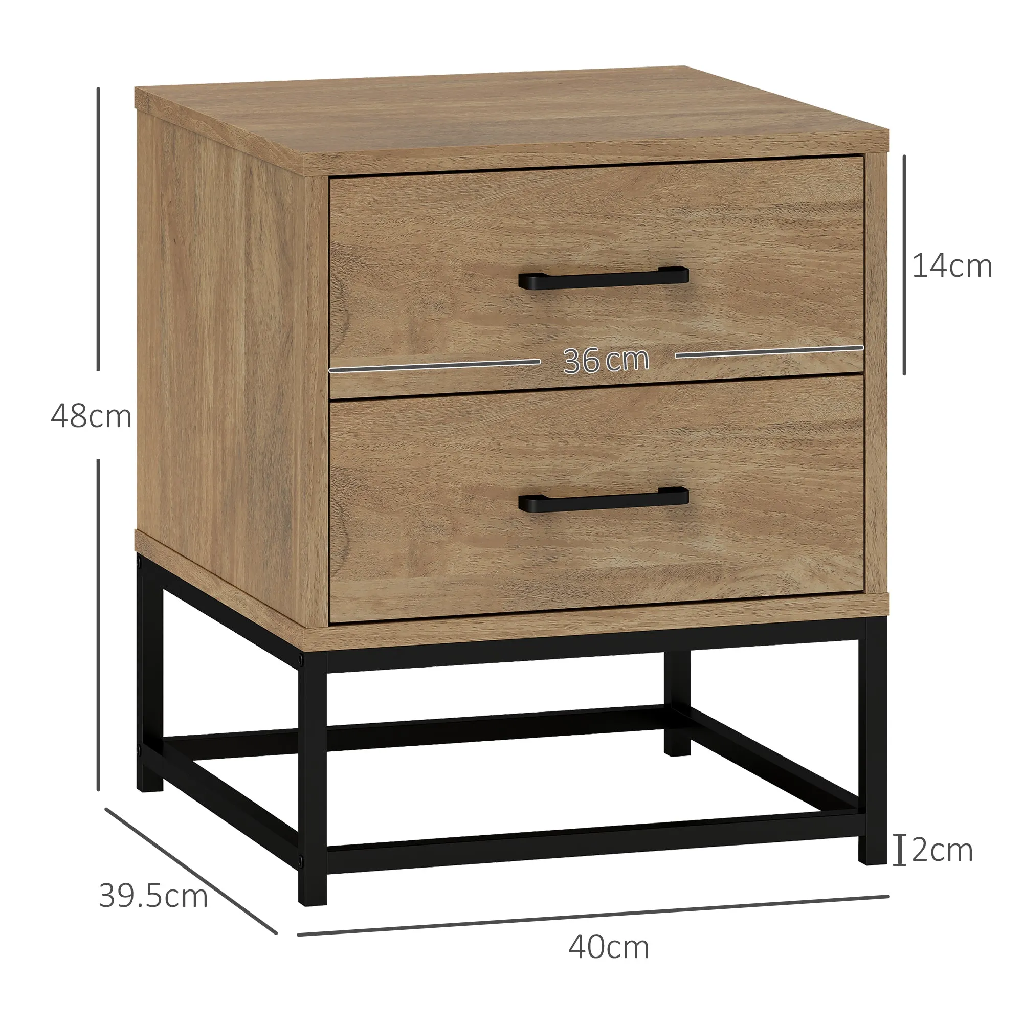 Set of 2 Industrial Style Wooden and Steel Bedside Tables with 2 Drawers, Wood Colour - Image 3