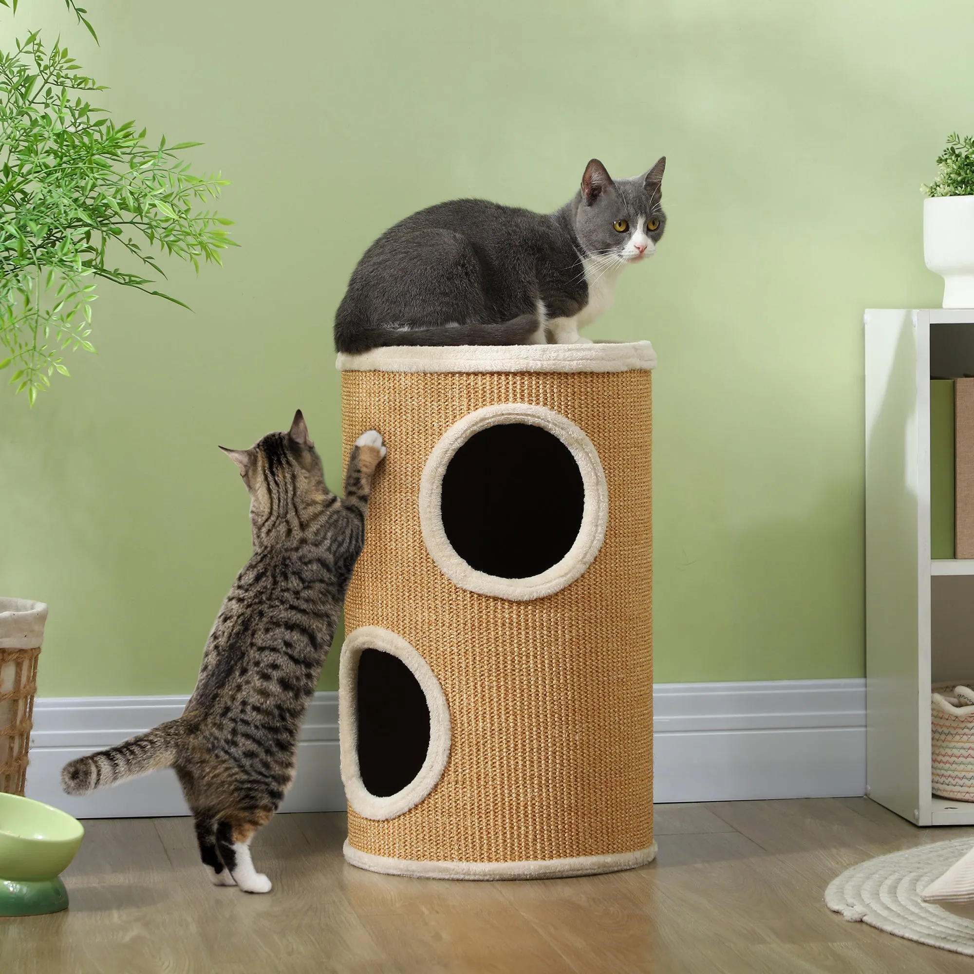 2-Tier Sisal Cat Scratching Tower with Plush Houses for 1-2 Cats, Brown - Image 2