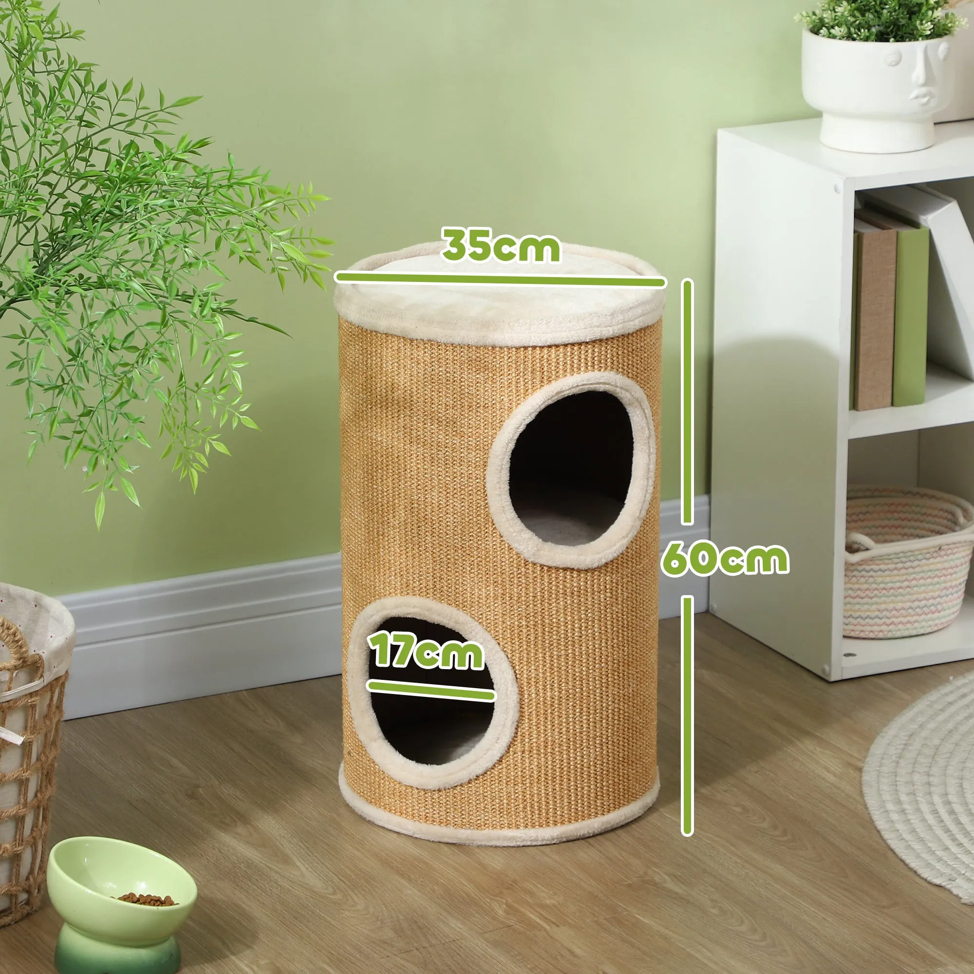 2-Tier Sisal Cat Scratching Tower with Plush Houses for 1-2 Cats, Brown - Image 3