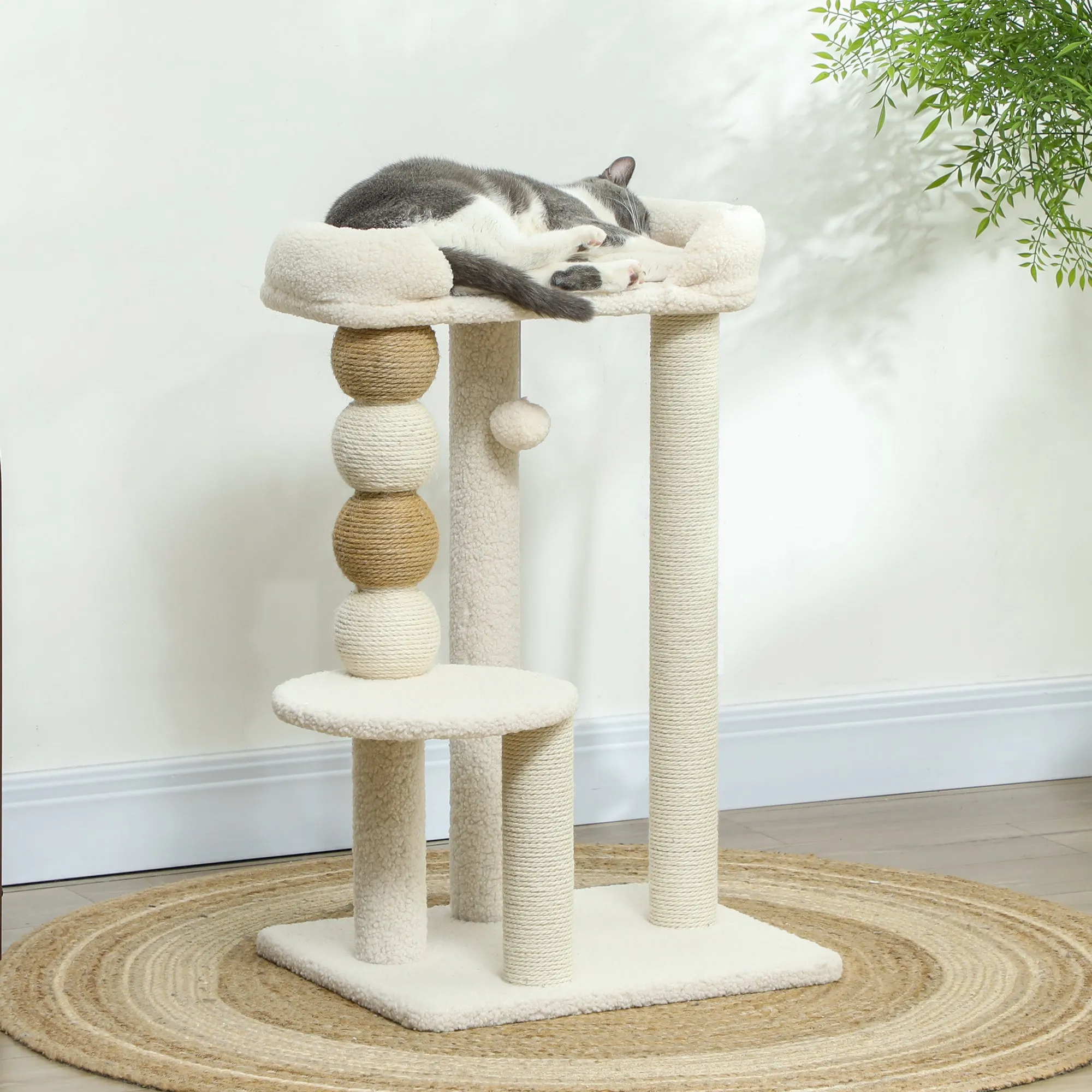 Cat Tower with Bed, Platform and Toy Ball, Made of Wood, Plush and Jute, 48.5x40x76 cm, Beige - Image 2