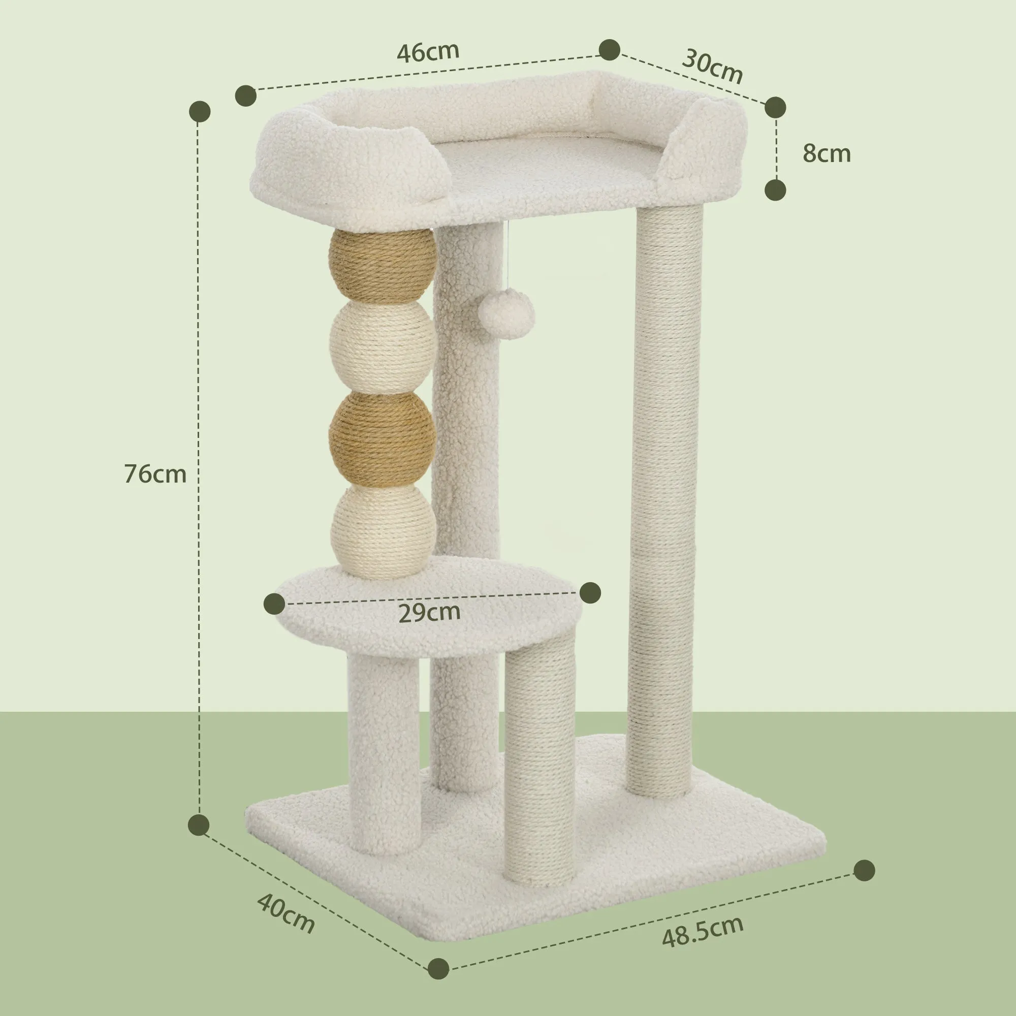 Cat Tower with Bed, Platform and Toy Ball, Made of Wood, Plush and Jute, 48.5x40x76 cm, Beige - Image 3