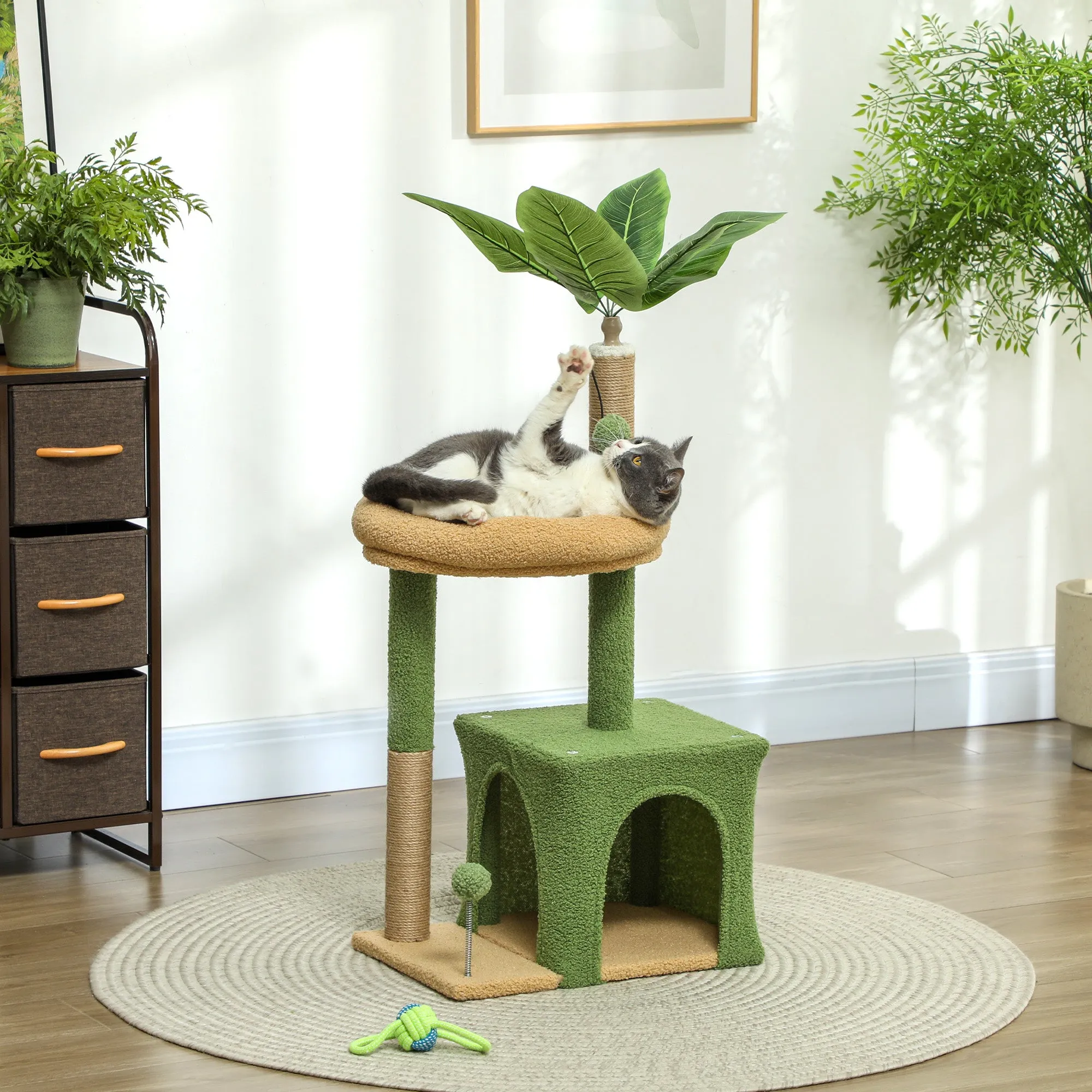 Cat Scratching Tree with House, Bed and 2 Balls, Made of Wood and Polyester, 44x30x98 cm, Green and Brown - Image 2